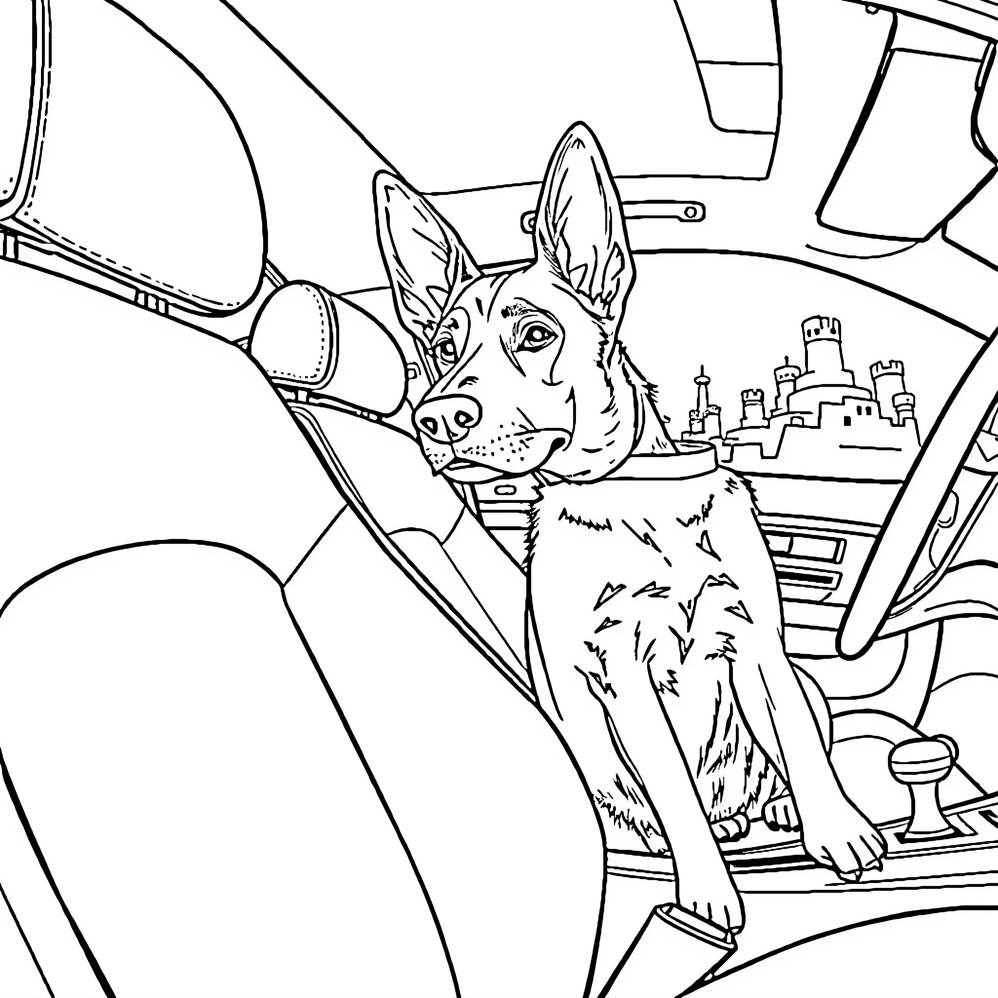 Perro riding in a vehicle with a city view Coloring Page (free black-and-white line drawing printable PDF for all, from beginners to advanced learners, including children, teens, adults, and seniors)