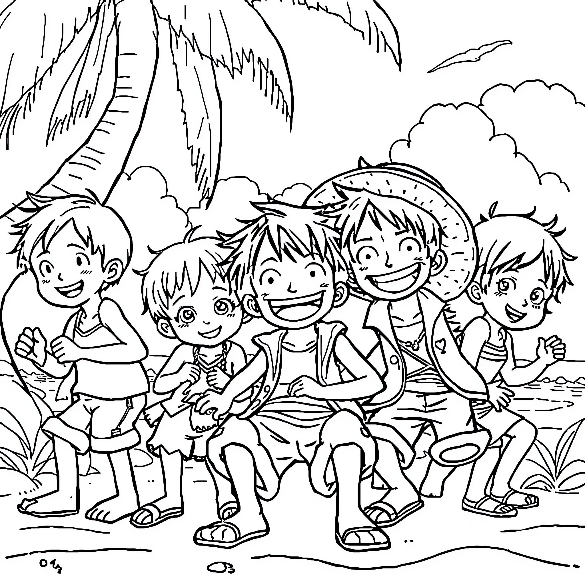 Luffy and friends enjoy an adventure outdoors Coloring Page (free black-and-white line drawing printable PDF for all, from beginners to advanced learners, including children, teens, adults, and seniors)