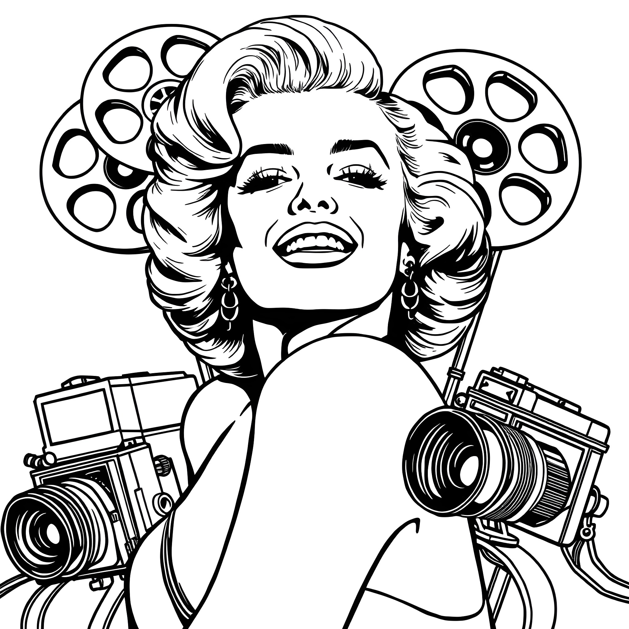 Marilyn Monroe in glamorous pose with film reels Coloring Page (free black-and-white line drawing printable PDF for all, from beginners to advanced learners, including children, teens, adults, and seniors)