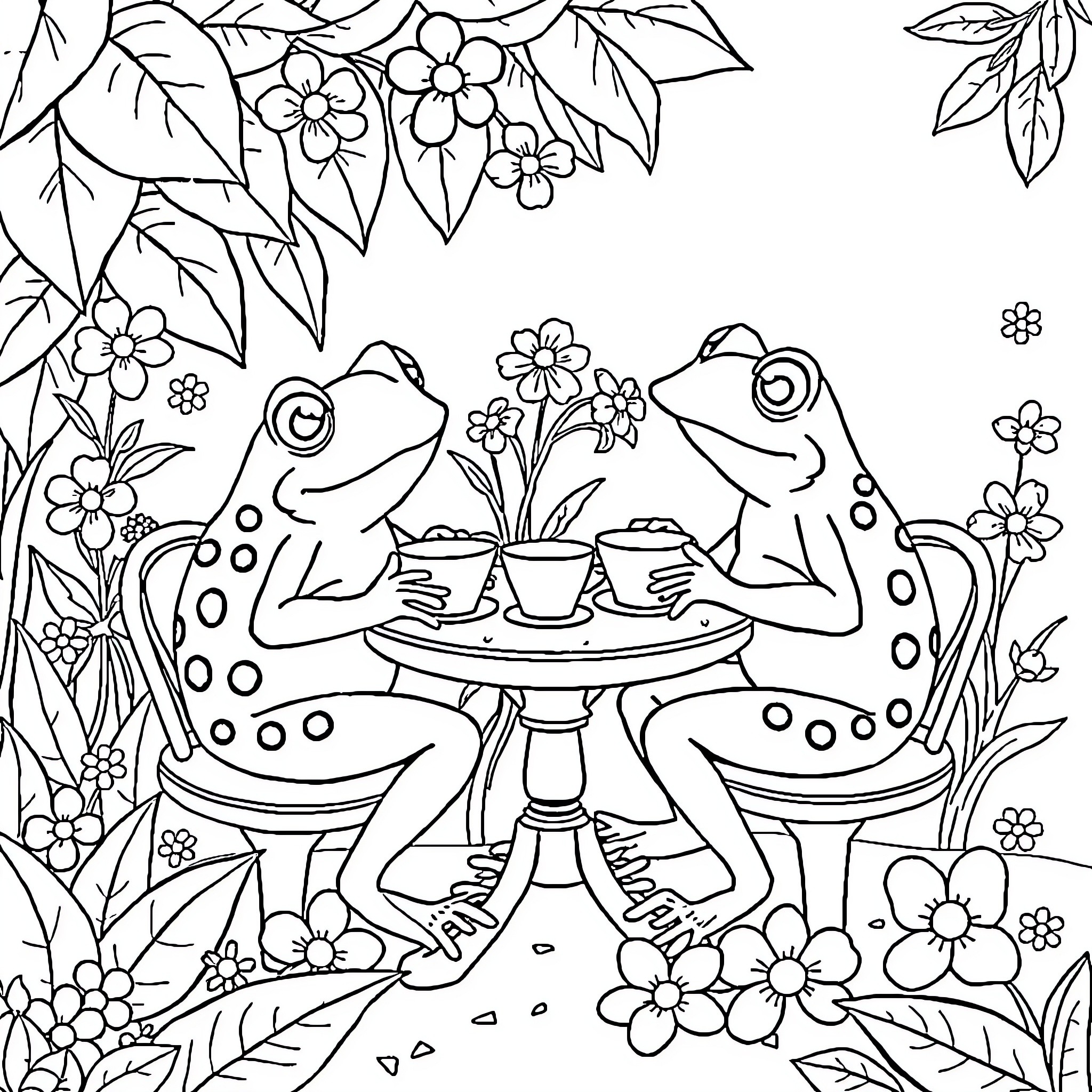 Frogs enjoying tea time in floral garden Coloring Page (free black-and-white line drawing printable PDF for all, from beginners to advanced learners, including children, teens, adults, and seniors)