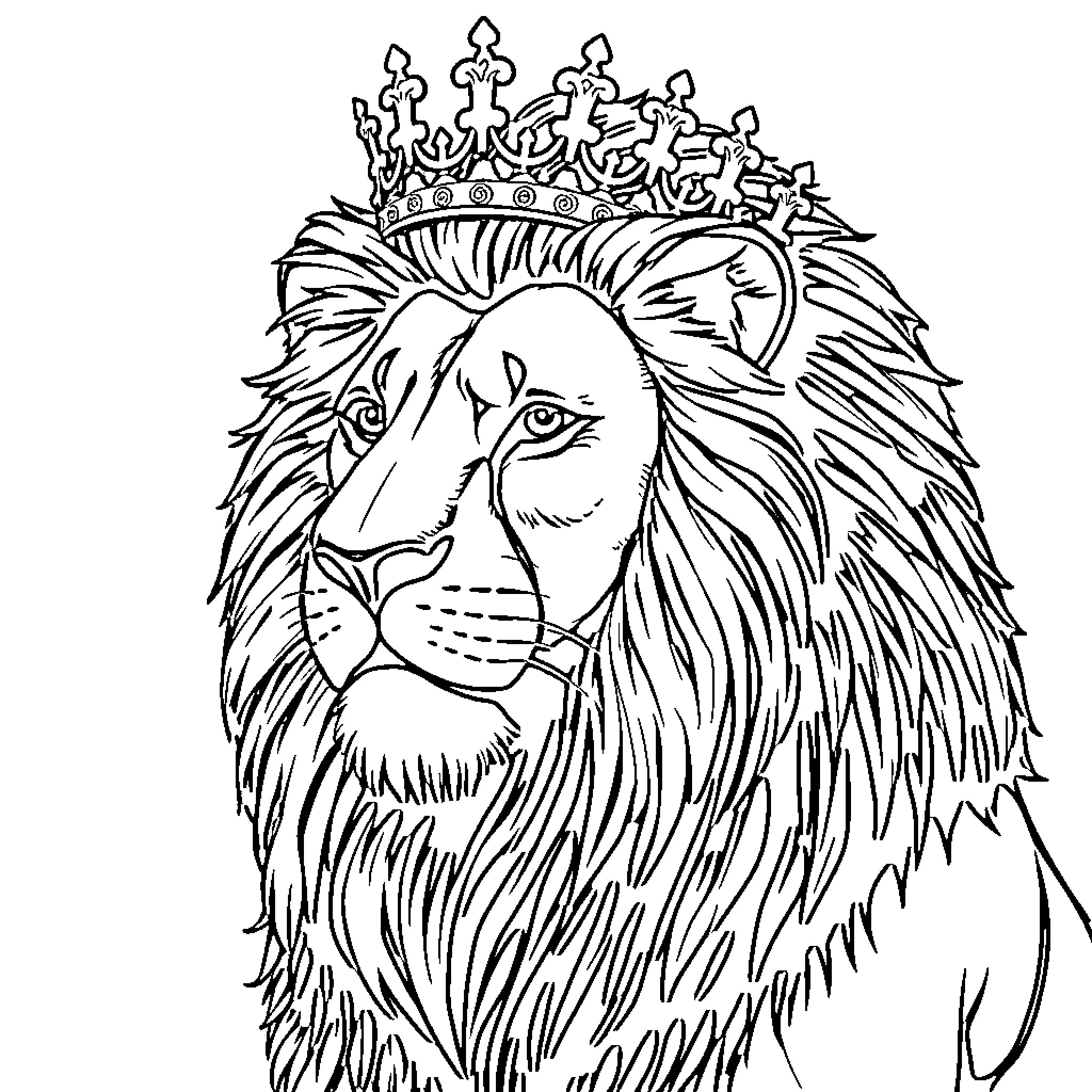 Lion with majestic crown Coloring Page (free black-and-white line drawing printable PDF for all, from beginners to advanced learners, including children, teens, adults, and seniors)