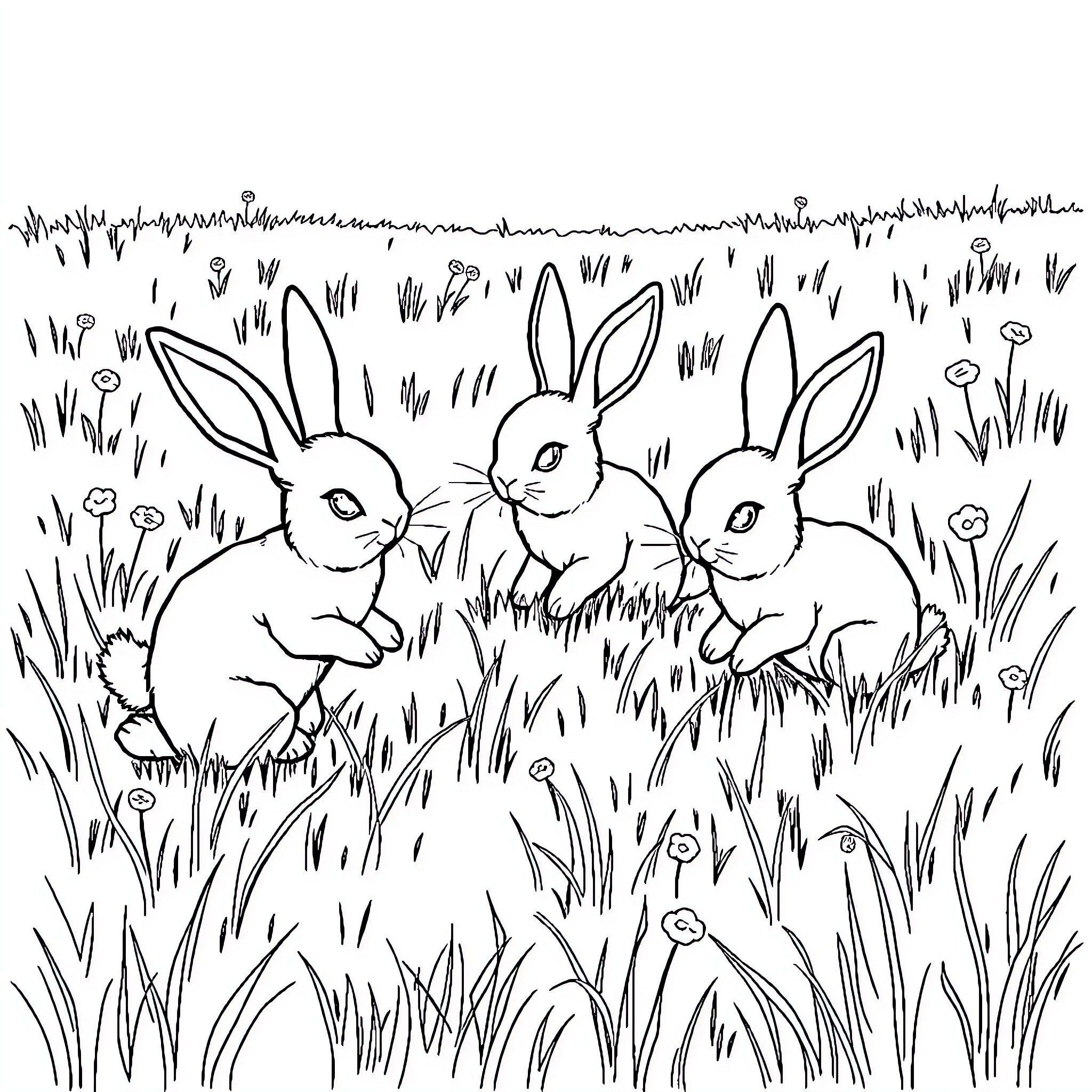 Bunny Rabbits Frolicking in the Meadow Coloring Page (free black-and-white line drawing printable PDF for all, from beginners to advanced learners, including children, teens, adults, and seniors)