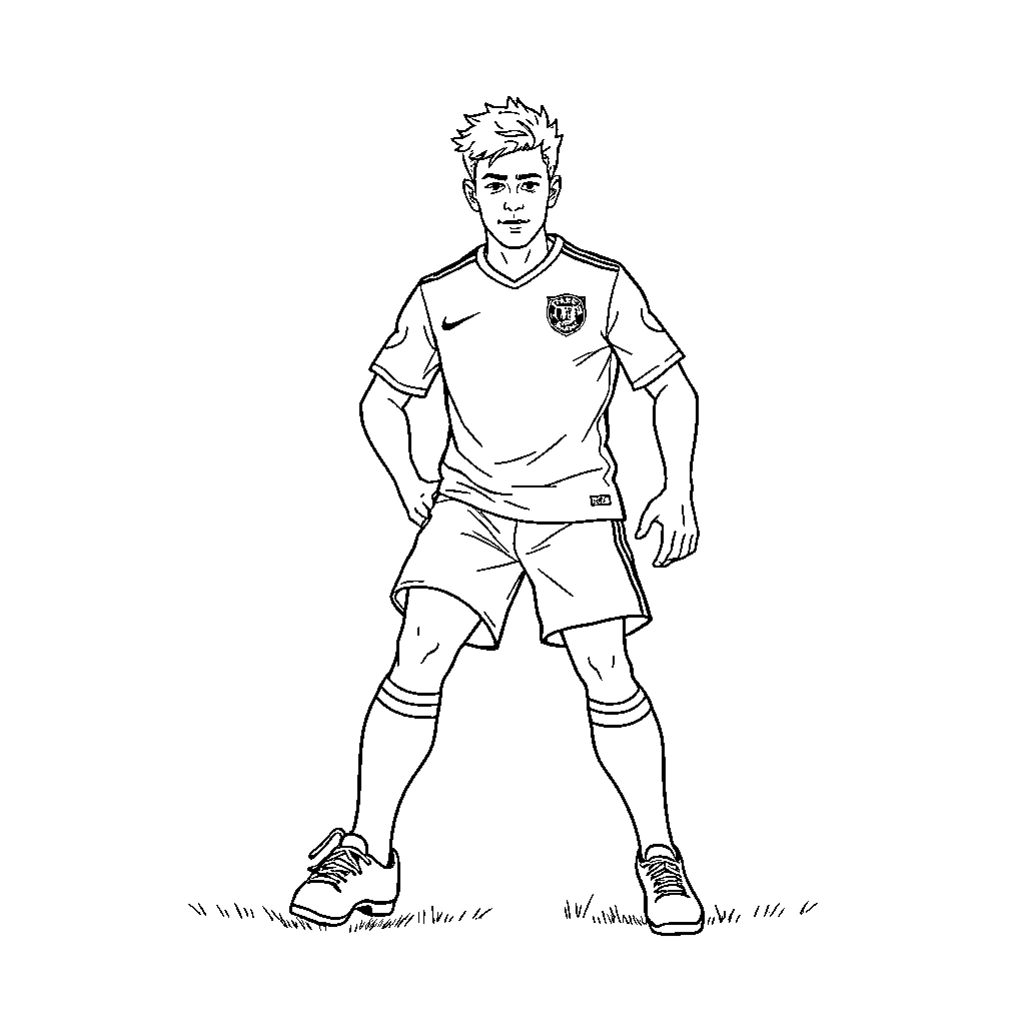 Soccer Player in Uniform Striking a Pose Coloring Page (free black-and-white line drawing printable PDF for all, from beginners to advanced learners, including children, teens, adults, and seniors)