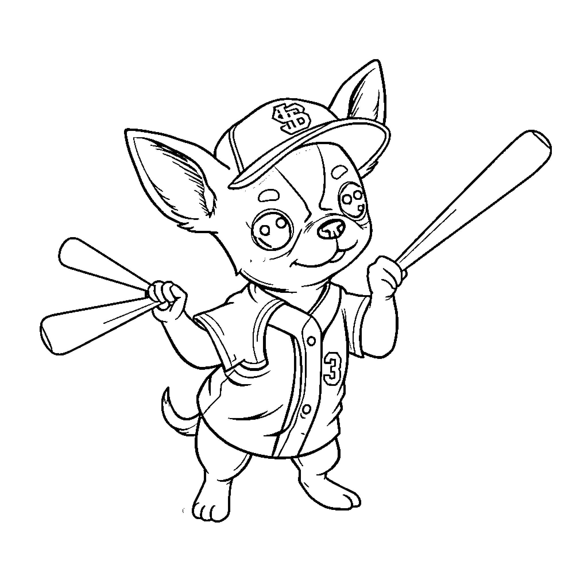 Chihuahua playing baseball with excitement Coloring Page (free black-and-white line drawing printable PDF for all, from beginners to advanced learners, including children, teens, adults, and seniors)