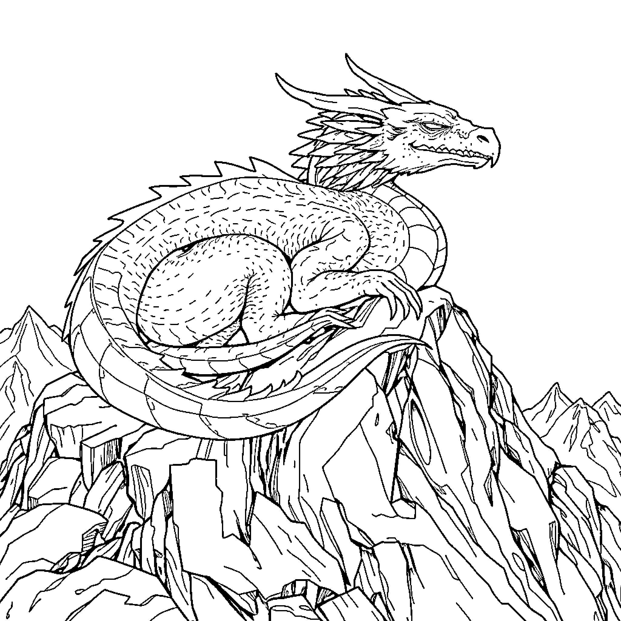 Dragon Guardian Resting on Rugged Terrain Coloring Page (free black-and-white line drawing printable PDF for all, from beginners to advanced learners, including children, teens, adults, and seniors)