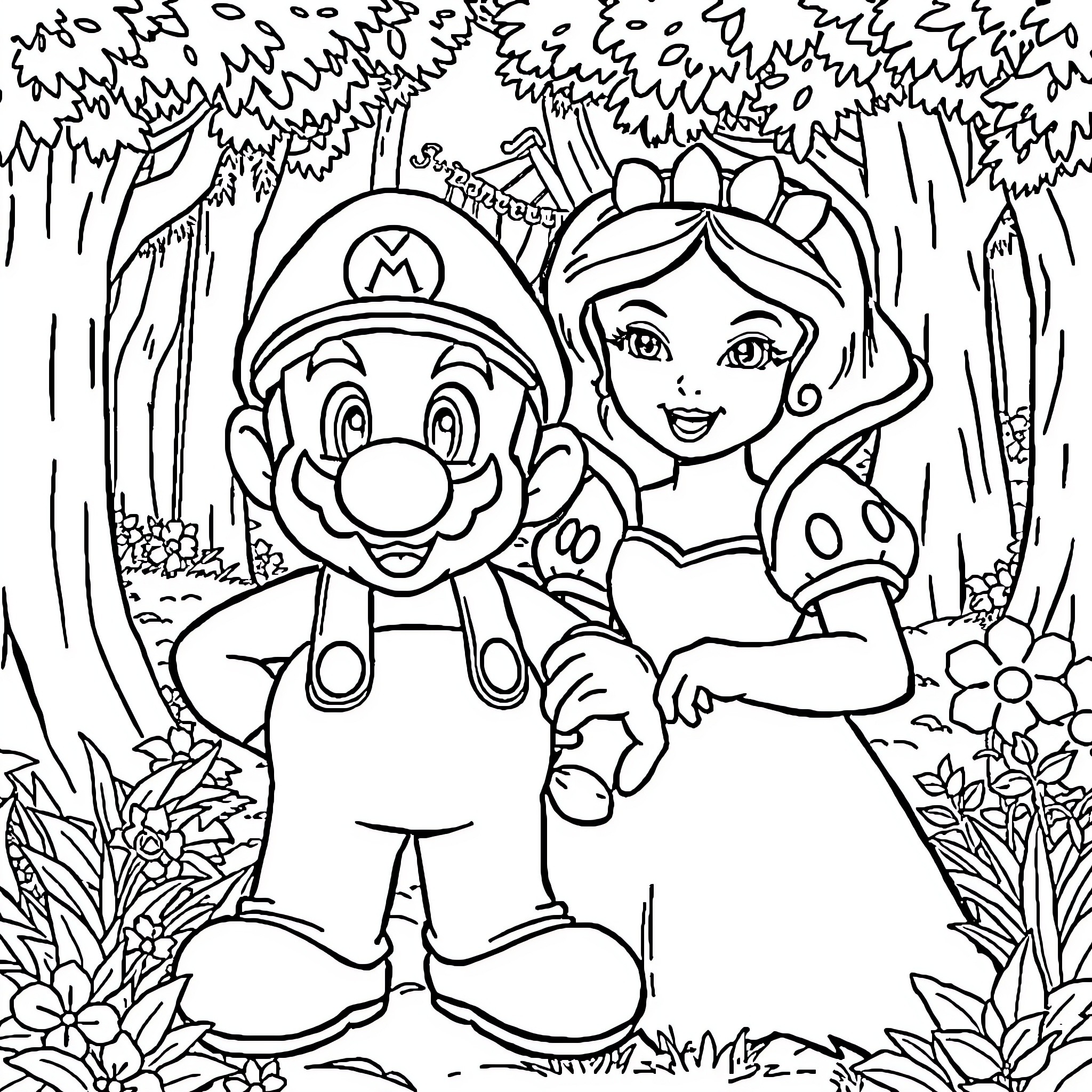 Mario and Princess in the Enchanted Forest Coloring Page (free black-and-white line drawing printable PDF for all, from beginners to advanced learners, including children, teens, adults, and seniors)