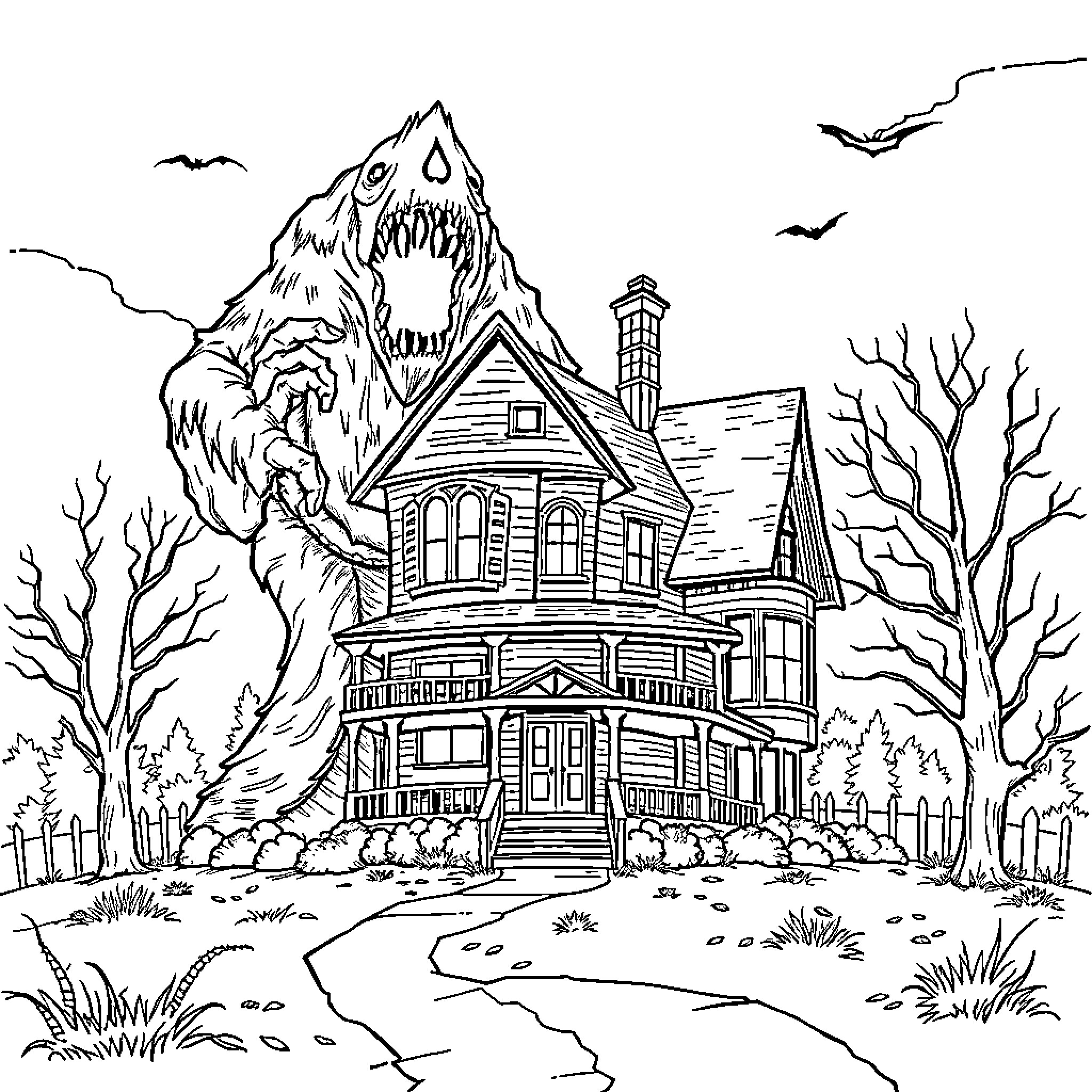 Monster haunting a creepy haunted house Coloring Page (free black-and-white line drawing printable PDF for all, from beginners to advanced learners, including children, teens, adults, and seniors)