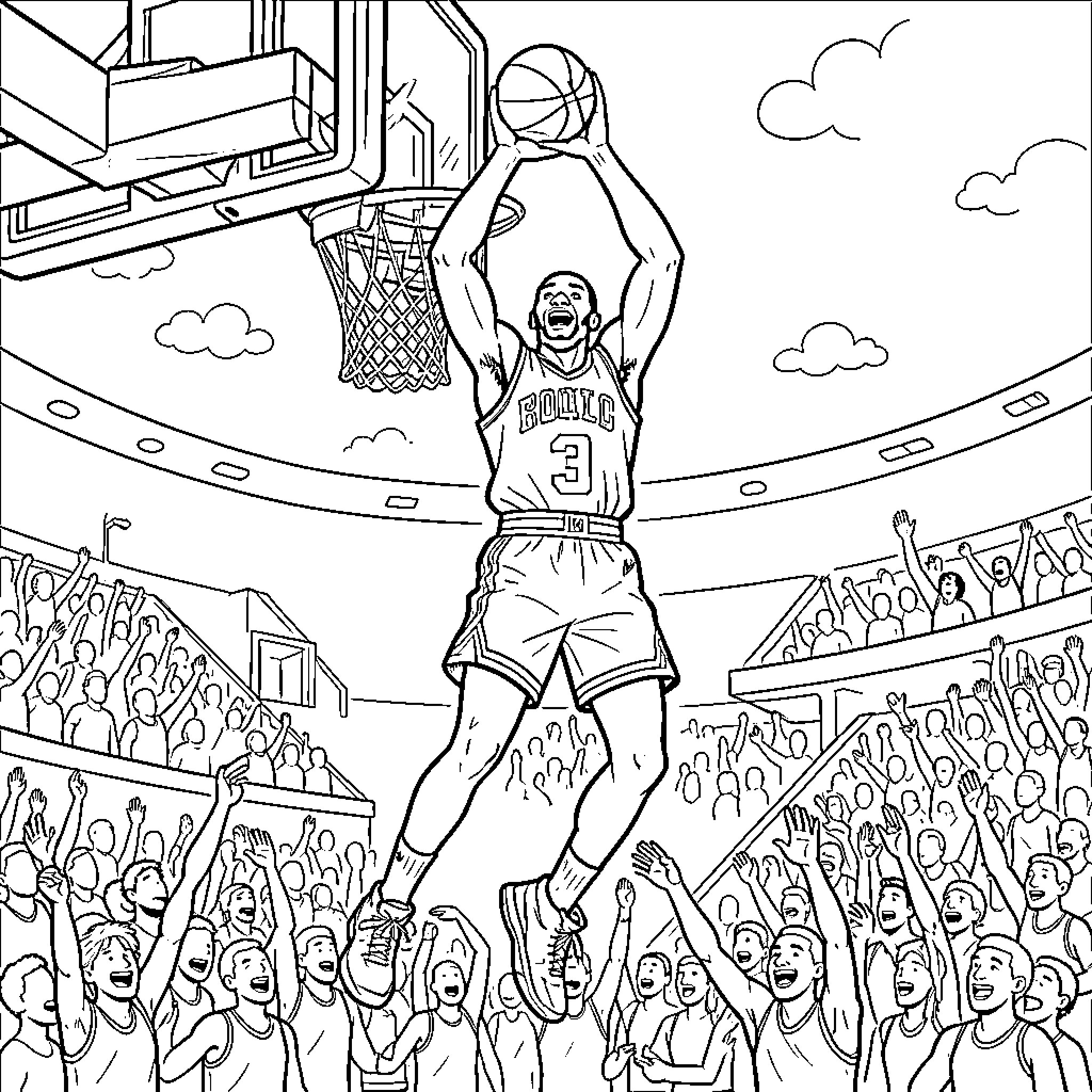 Michael Jordan jumping high to shoot a basketball Coloring Page (free black-and-white line drawing printable PDF for all, from beginners to advanced learners, including children, teens, adults, and seniors)