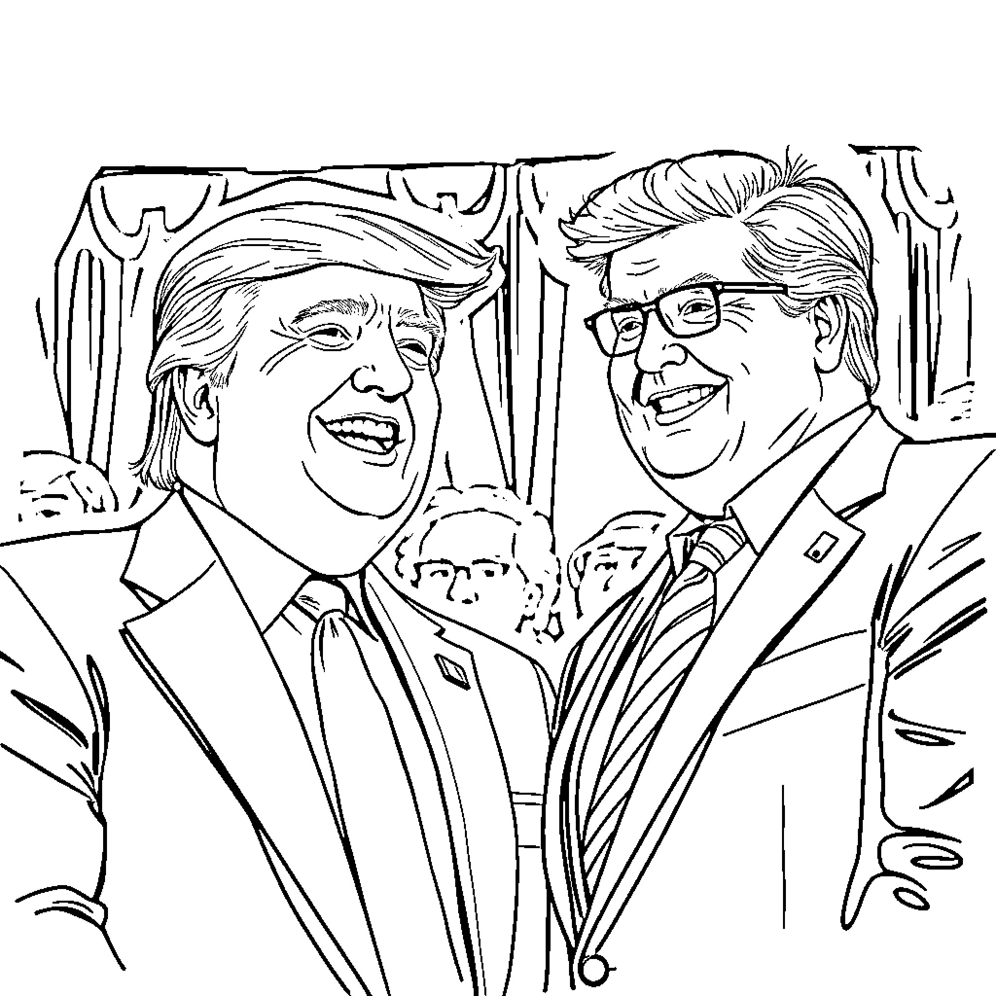 Donald Trump and another person laughing together Coloring Page (free black-and-white line drawing printable PDF for all, from beginners to advanced learners, including children, teens, adults, and seniors)