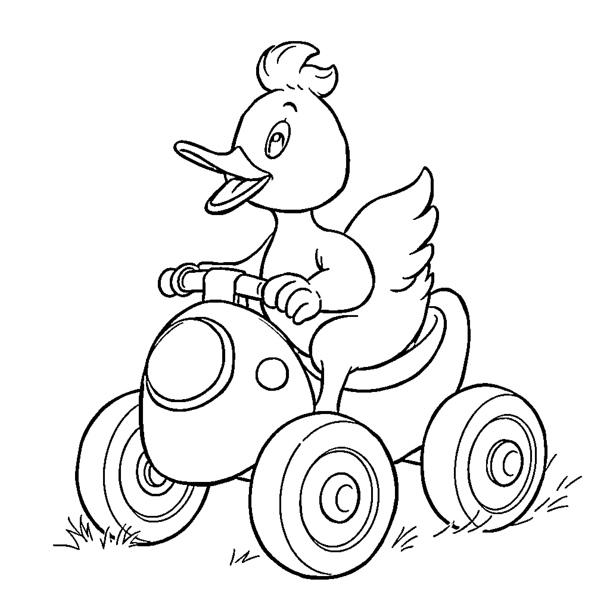 Duck riding a toy vehicle Coloring Page (free black-and-white line drawing printable PDF for all, from beginners to advanced learners, including children, teens, adults, and seniors)