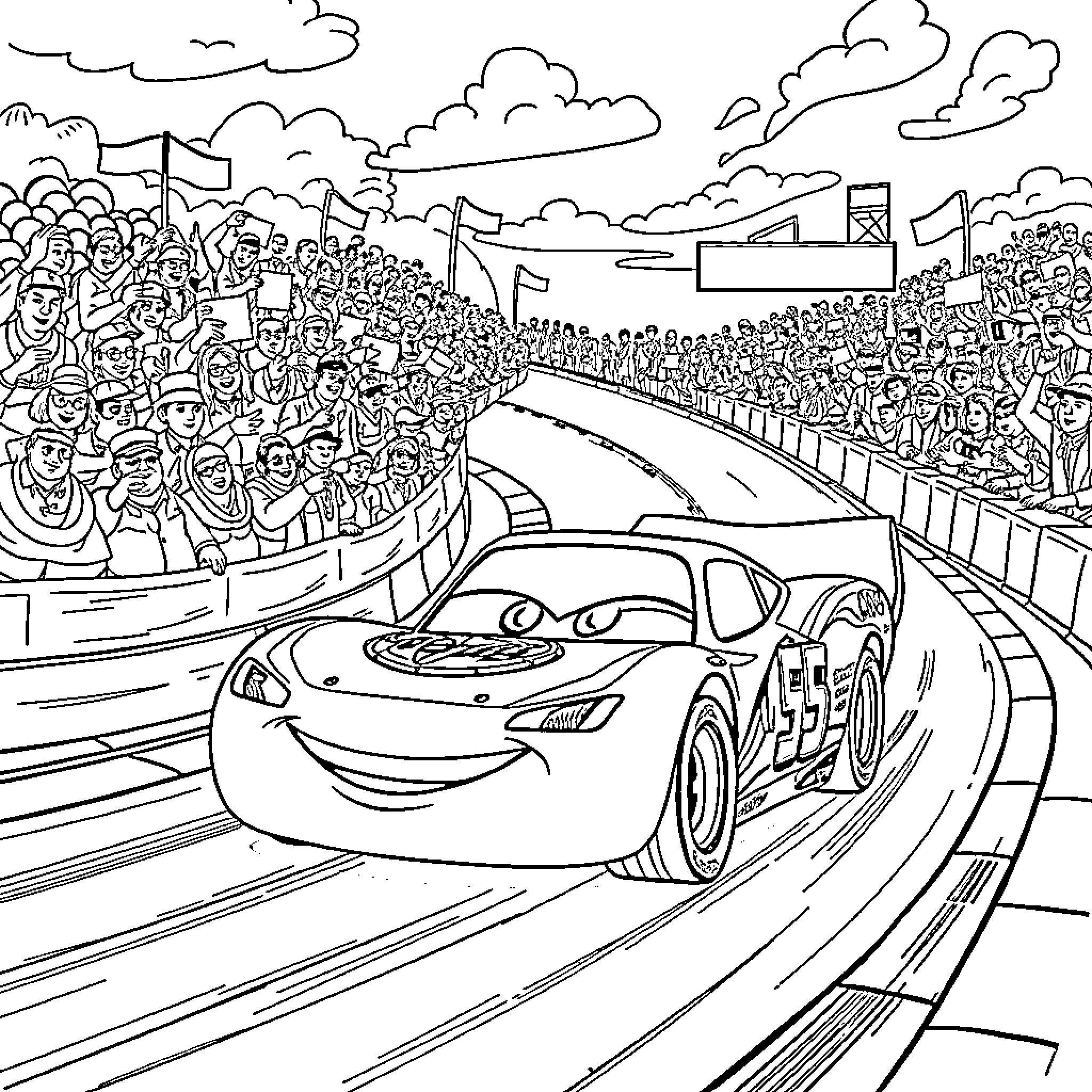 Lightning McQueen racing on the track with cheering crowd Coloring Page (free black-and-white line drawing printable PDF for all, from beginners to advanced learners, including children, teens, adults, and seniors)