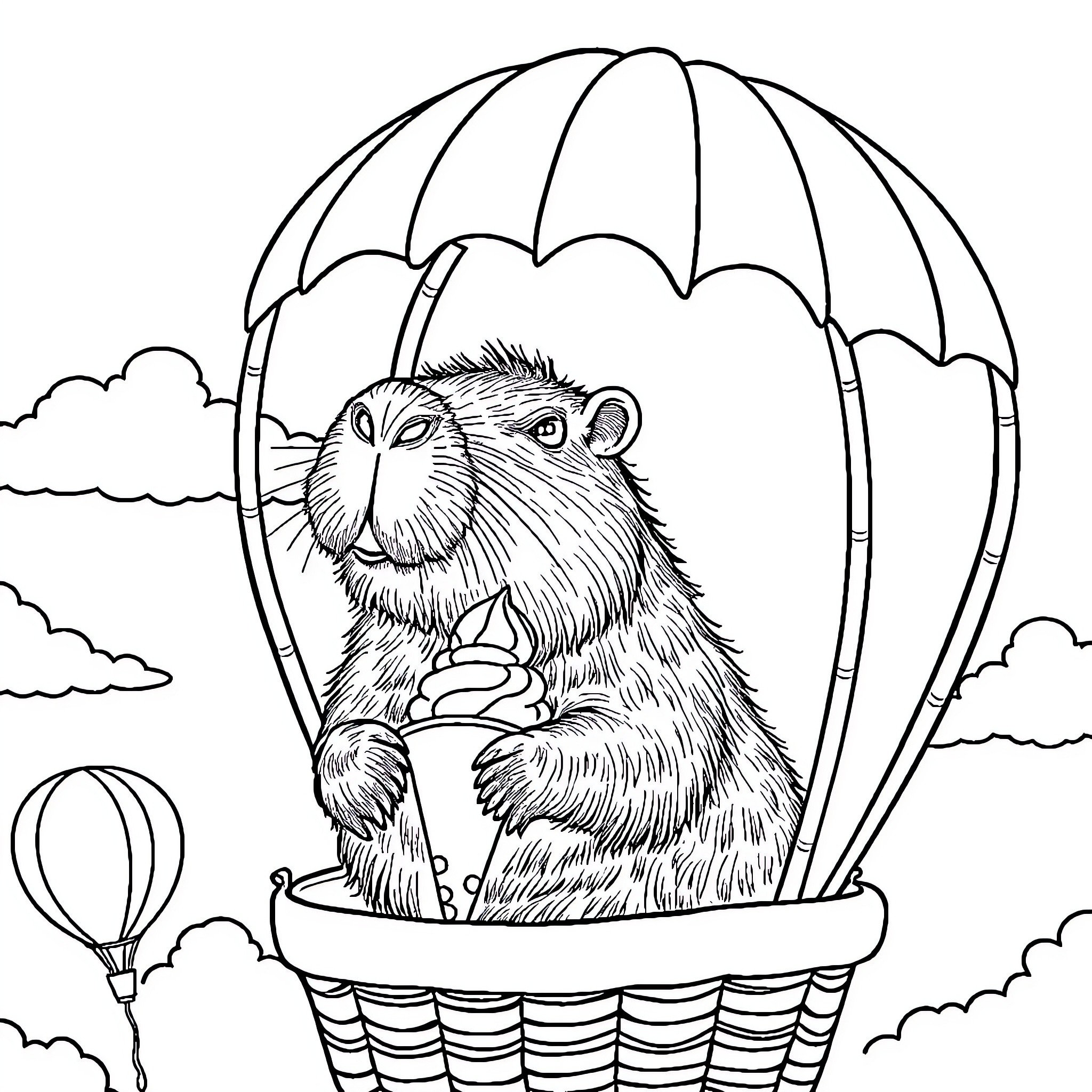 Capybara relaxing under an umbrella in a hot air balloon Coloring Page (free black-and-white line drawing printable PDF for all, from beginners to advanced learners, including children, teens, adults, and seniors)