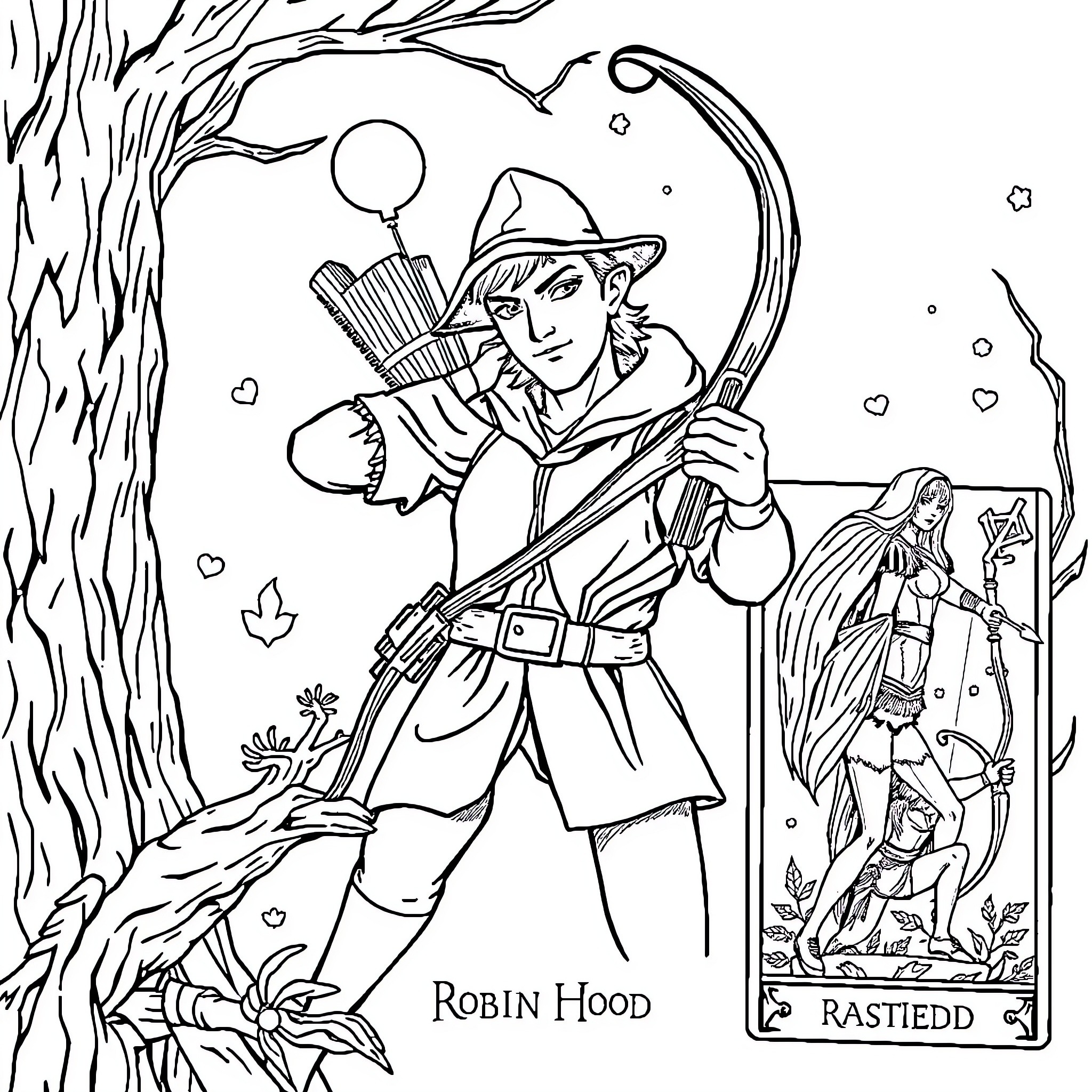 Robin Hood in action with bow and arrow Coloring Page (free black-and-white line drawing printable PDF for all, from beginners to advanced learners, including children, teens, adults, and seniors)