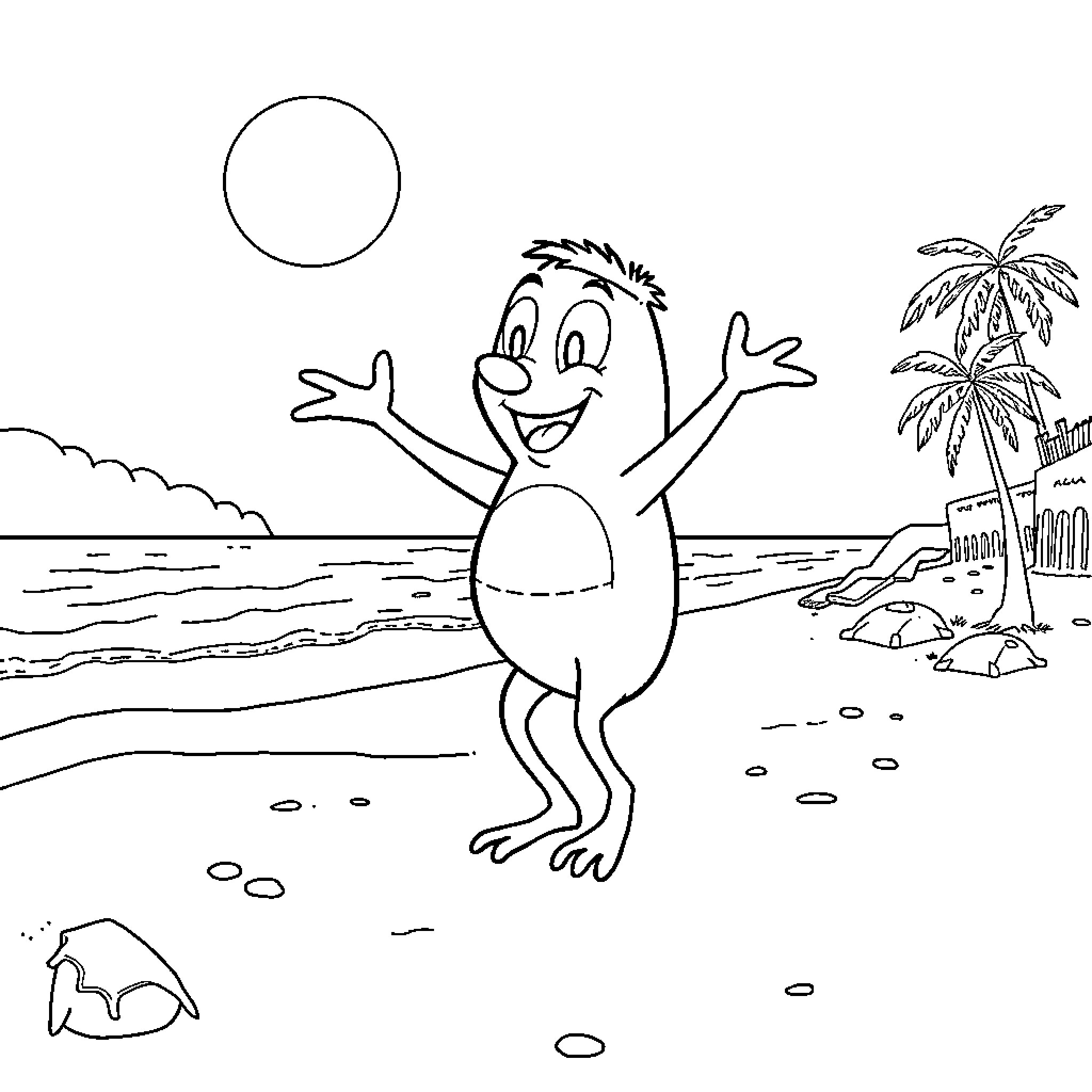Copier joyfully dancing on beach with palm trees Coloring Page (free black-and-white line drawing printable PDF for all, from beginners to advanced learners, including children, teens, adults, and seniors)