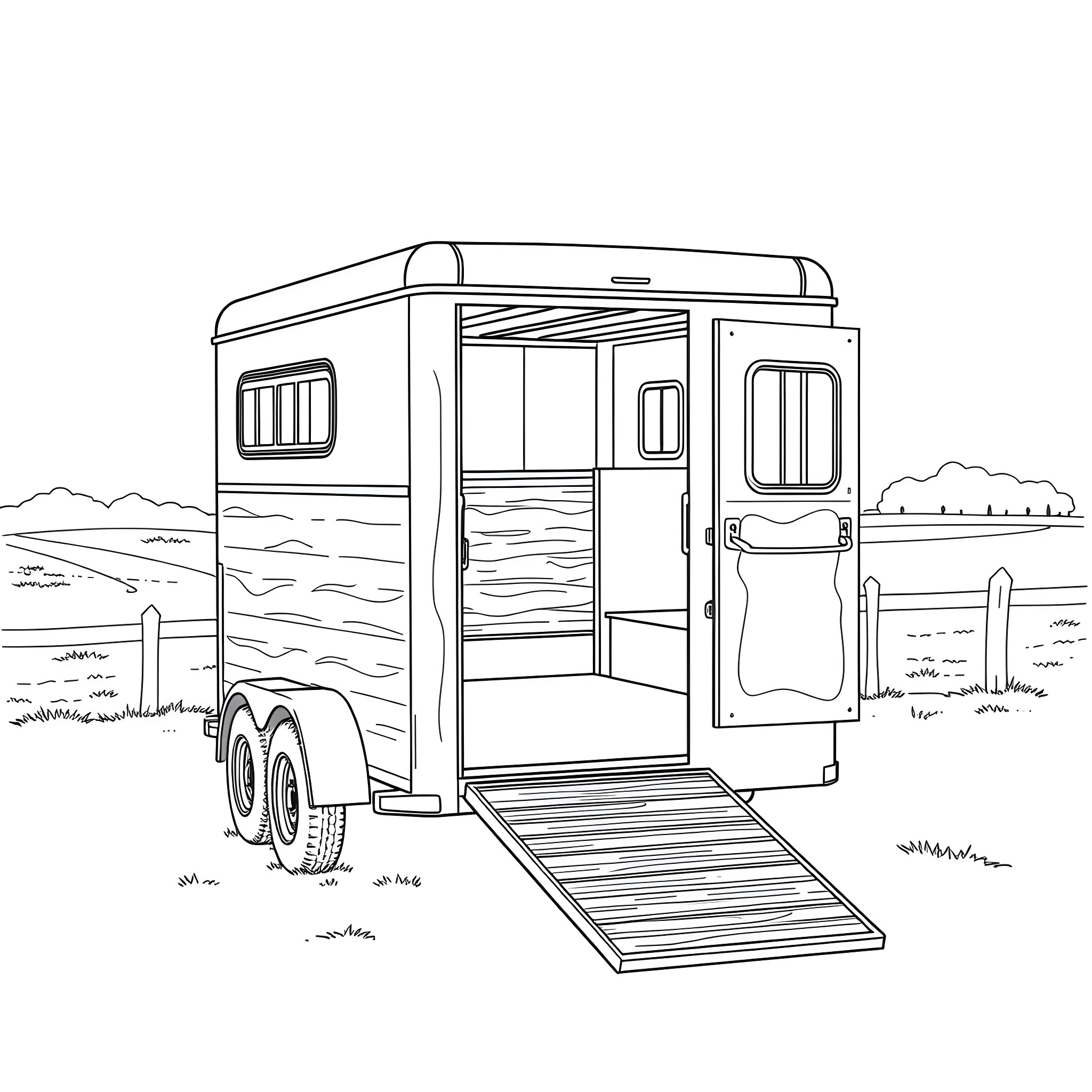 Horse Trailer in the Countryside Coloring Page (free black-and-white line drawing printable PDF for all, from beginners to advanced learners, including children, teens, adults, and seniors)
