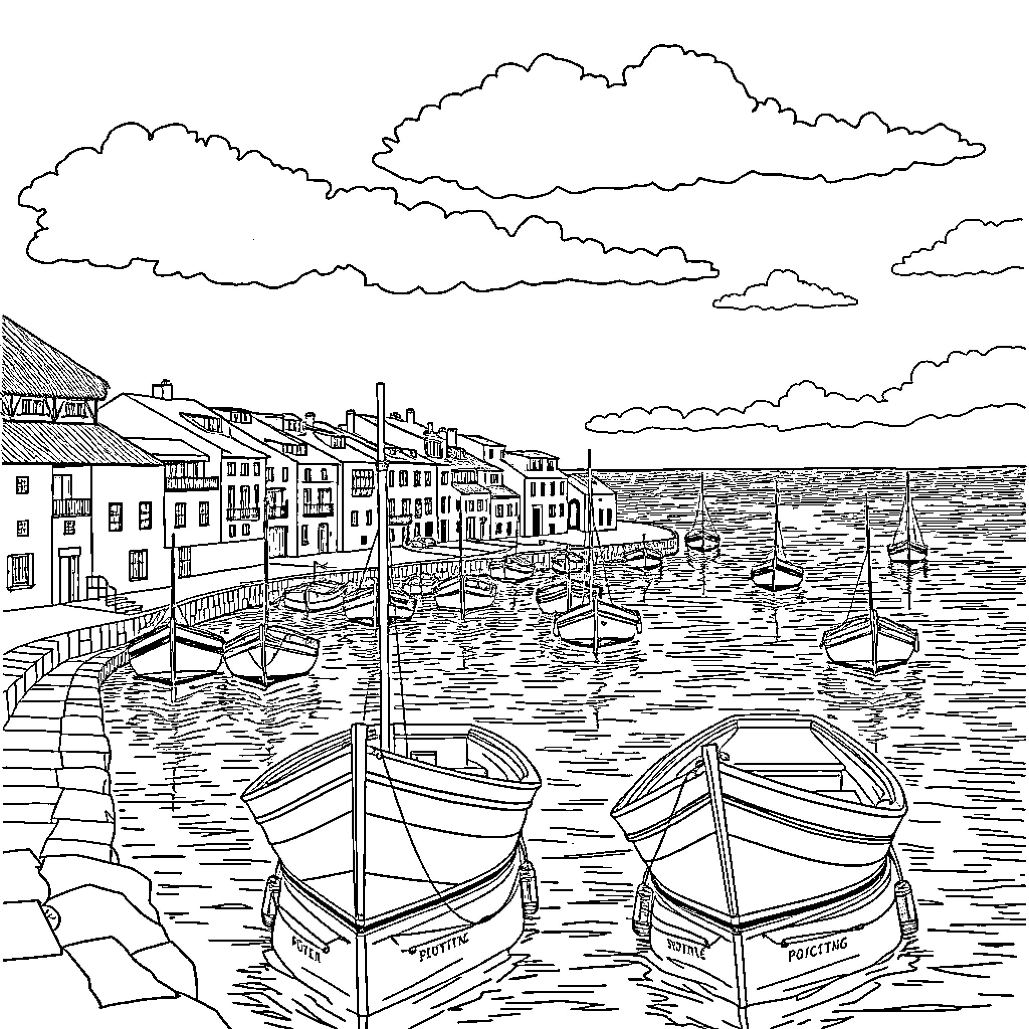 Corme Puerto - Boats, Buildings, and Waterfront Scenery Coloring Page (free black-and-white line drawing printable PDF for all, from beginners to advanced learners, including children, teens, adults, and seniors)