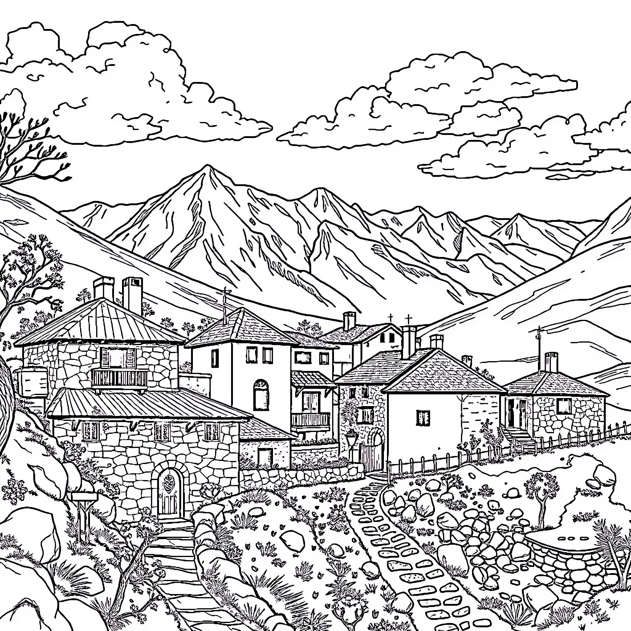 Village in the Mountainous Landscape Coloring Page (free black-and-white line drawing printable PDF for all, from beginners to advanced learners, including children, teens, adults, and seniors)