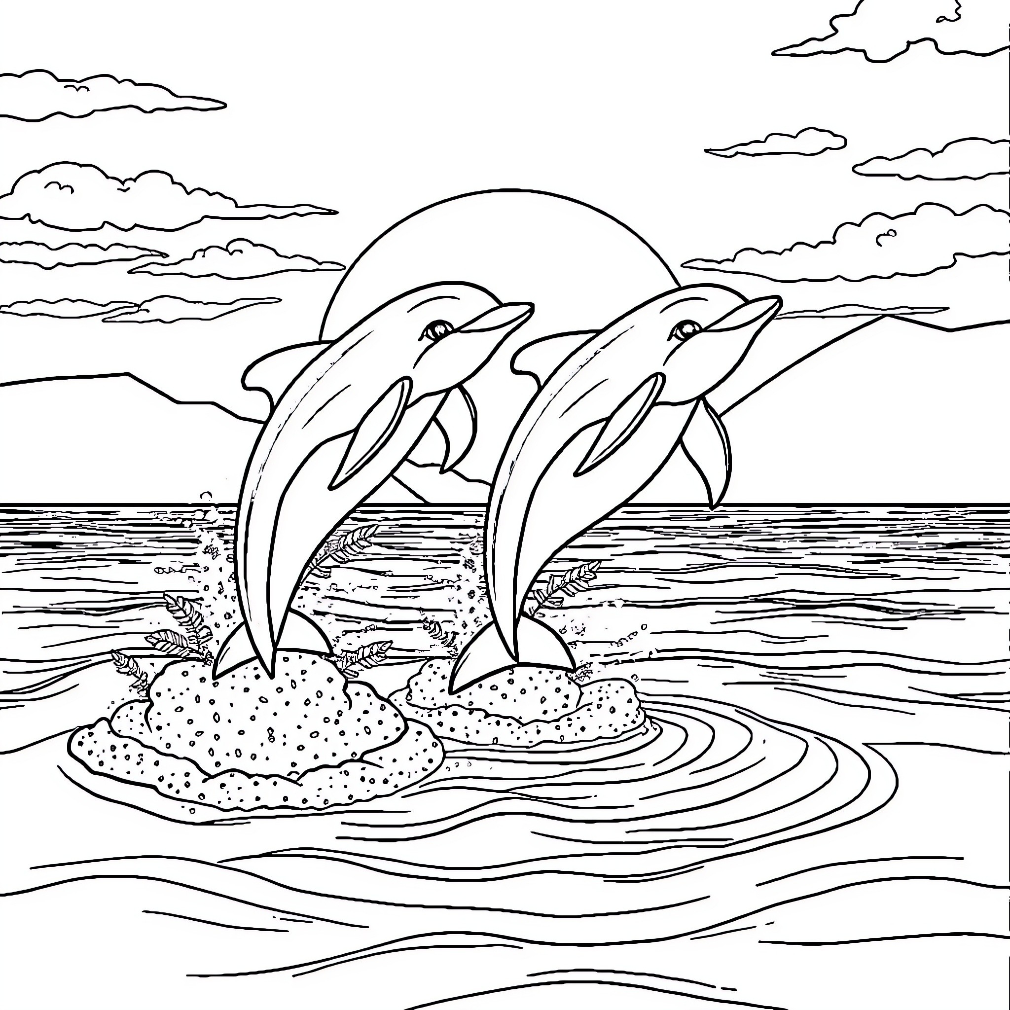 Dolphins leaping joyfully in the ocean Coloring Page (free black-and-white line drawing printable PDF for all, from beginners to advanced learners, including children, teens, adults, and seniors)