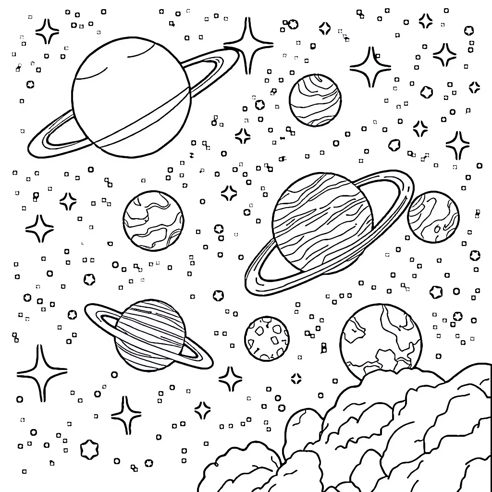 Planet Planets and Stars in Cosmic Space Coloring Page (free black-and-white line drawing printable PDF for all, from beginners to advanced learners, including children, teens, adults, and seniors)
