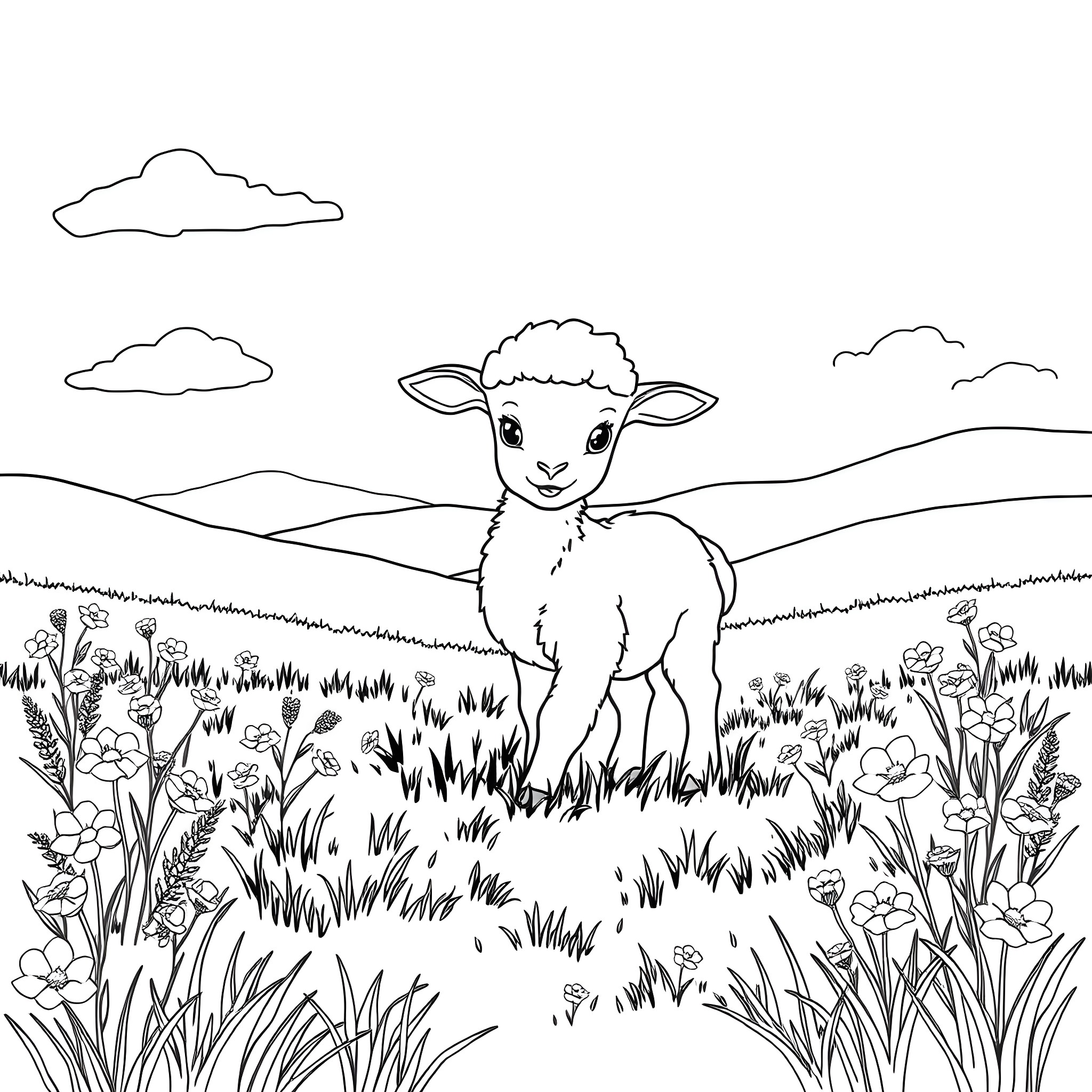 Lamb standing in a grassy field with flowers Coloring Page (free black-and-white line drawing printable PDF for all, from beginners to advanced learners, including children, teens, adults, and seniors)