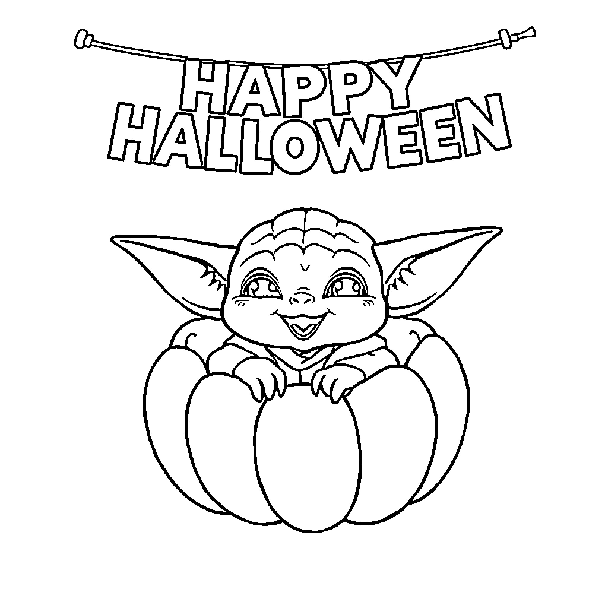 Baby Yoda's Spooky Halloween Celebration Coloring Page (free black-and-white line drawing printable PDF for all, from beginners to advanced learners, including children, teens, adults, and seniors)