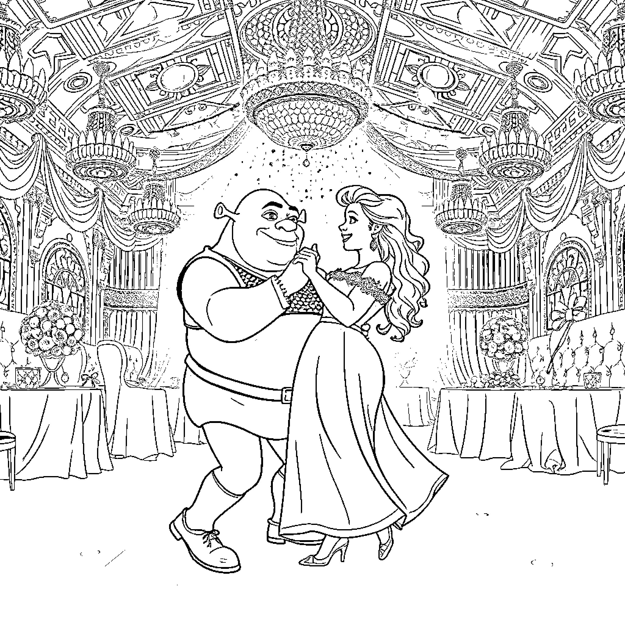 Shrek and Princess Dancing in Regal Hall Coloring Page (free black-and-white line drawing printable PDF for all, from beginners to advanced learners, including children, teens, adults, and seniors)