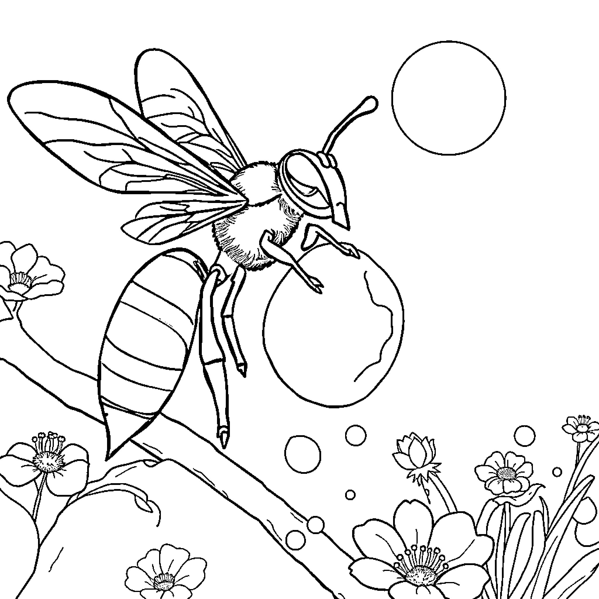 Hornet investigating a flower-filled scene Coloring Page (free black-and-white line drawing printable PDF for all, from beginners to advanced learners, including children, teens, adults, and seniors)