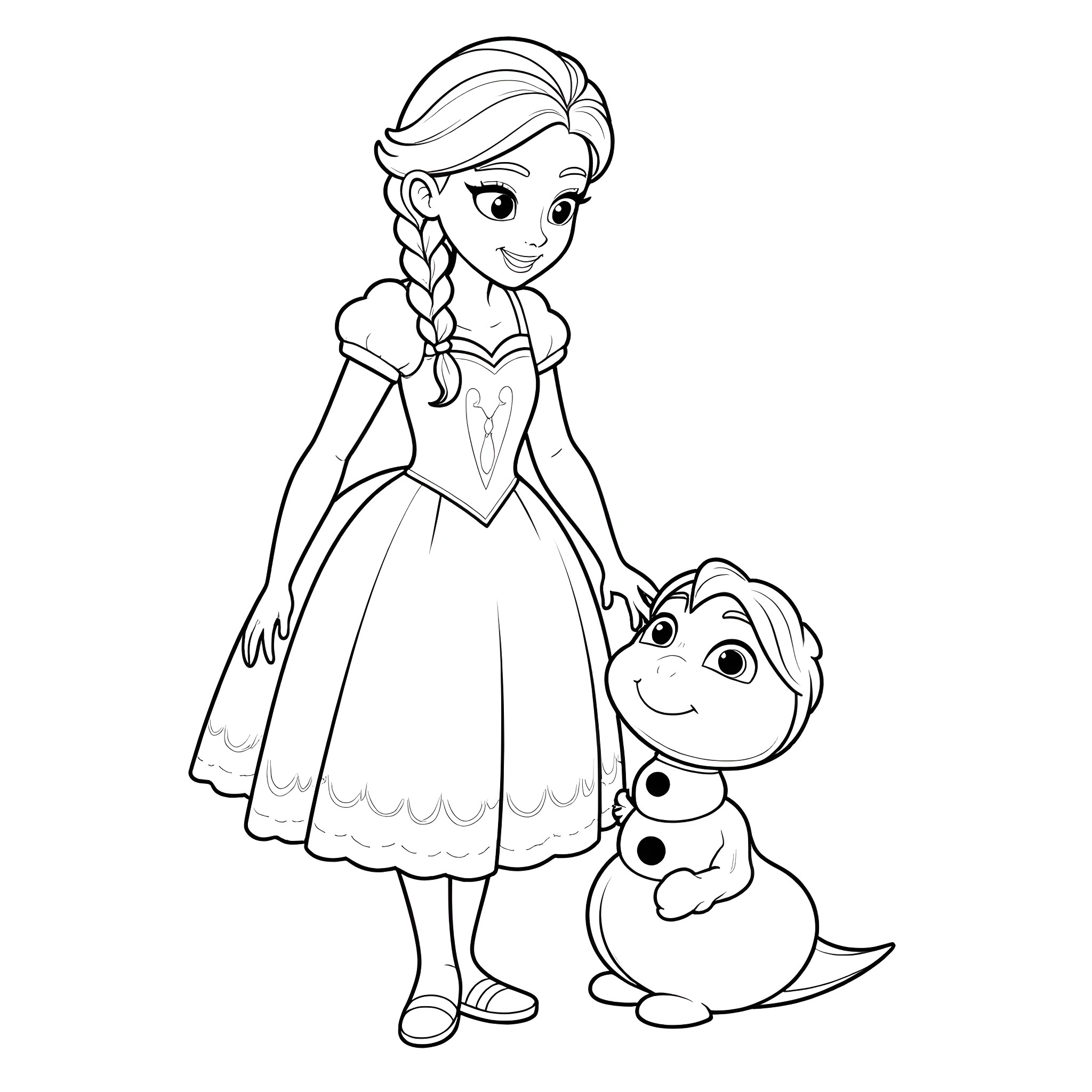 Mr. Rachel and her snowman friend Coloring Page (free black-and-white line drawing printable PDF for all, from beginners to advanced learners, including children, teens, adults, and seniors)