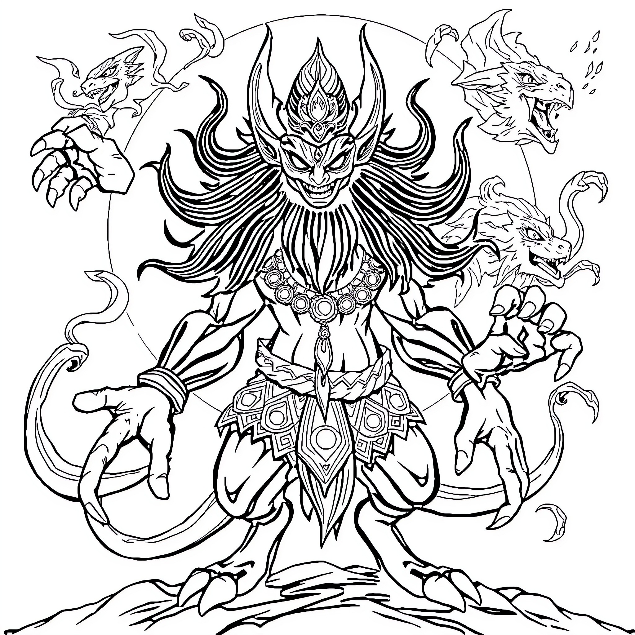 Bheemaroopi: Powerful Mythical Deity's Commanding Presence Coloring Page (free black-and-white line drawing printable PDF for all, from beginners to advanced learners, including children, teens, adults, and seniors)