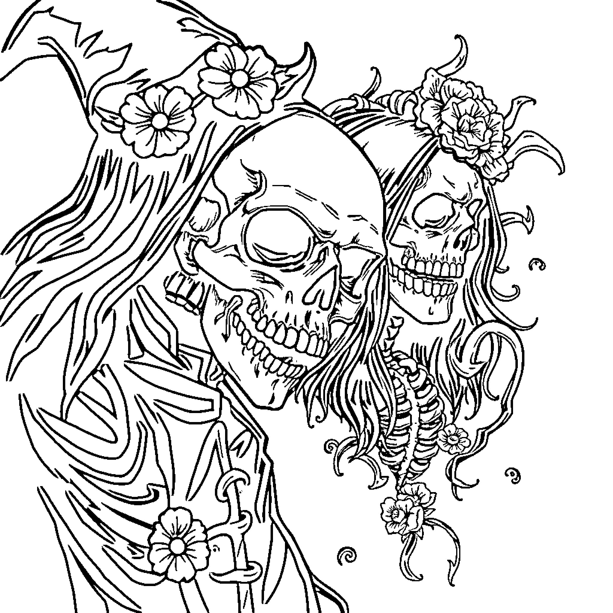Tattoo of an intricate skull with floral designs Coloring Page (free black-and-white line drawing printable PDF for all, from beginners to advanced learners, including children, teens, adults, and seniors)
