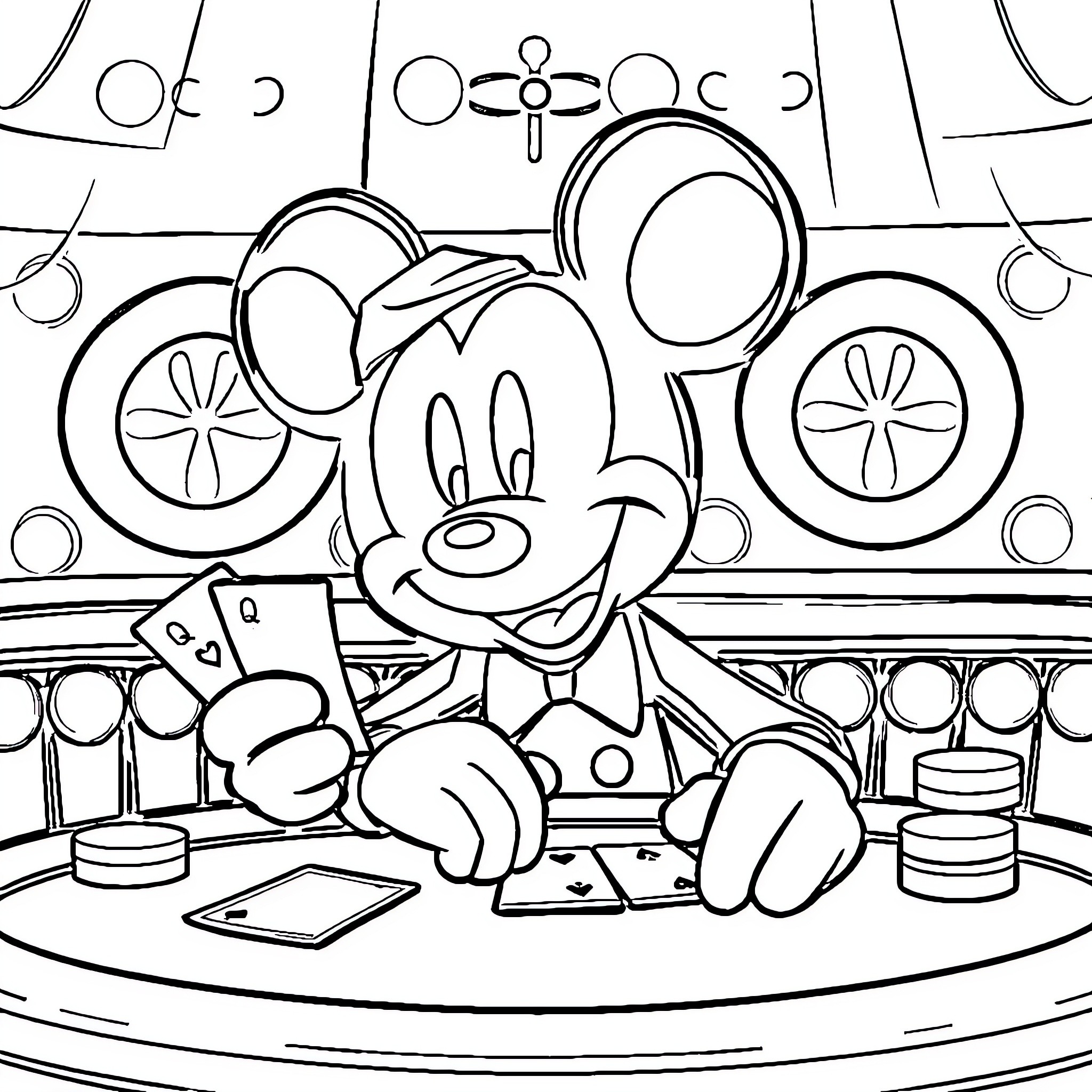 Mickey Mouse playing games in an arcade Coloring Page (free black-and-white line drawing printable PDF for all, from beginners to advanced learners, including children, teens, adults, and seniors)