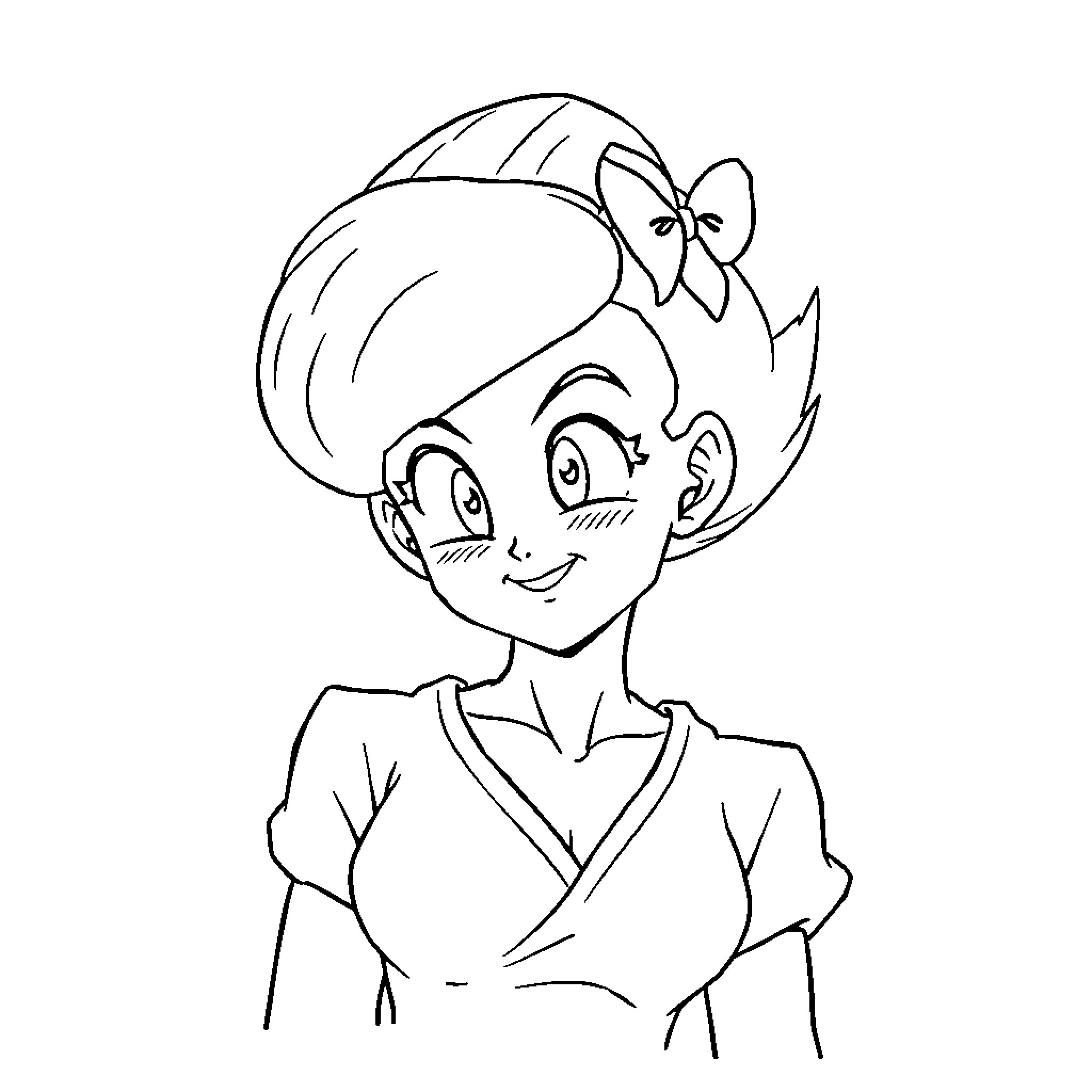 Bulma in casual outfit, smiling happily Coloring Page (free black-and-white line drawing printable PDF for all, from beginners to advanced learners, including children, teens, adults, and seniors)