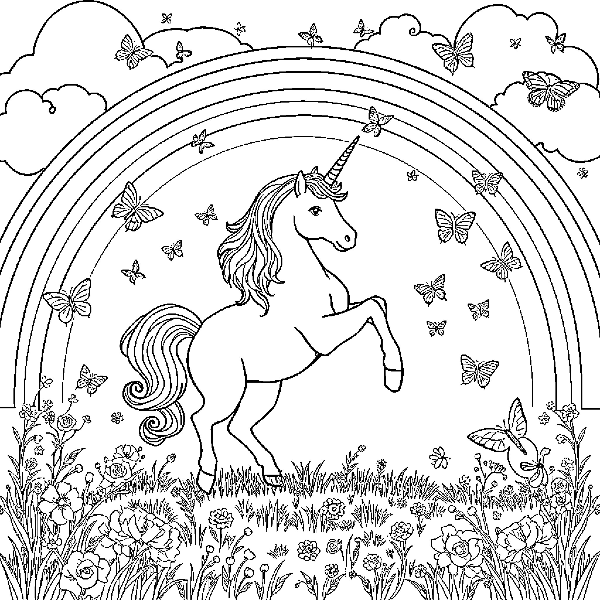 Unicorn standing amidst flowers and butterflies Coloring Page (free black-and-white line drawing printable PDF for all, from beginners to advanced learners, including children, teens, adults, and seniors)