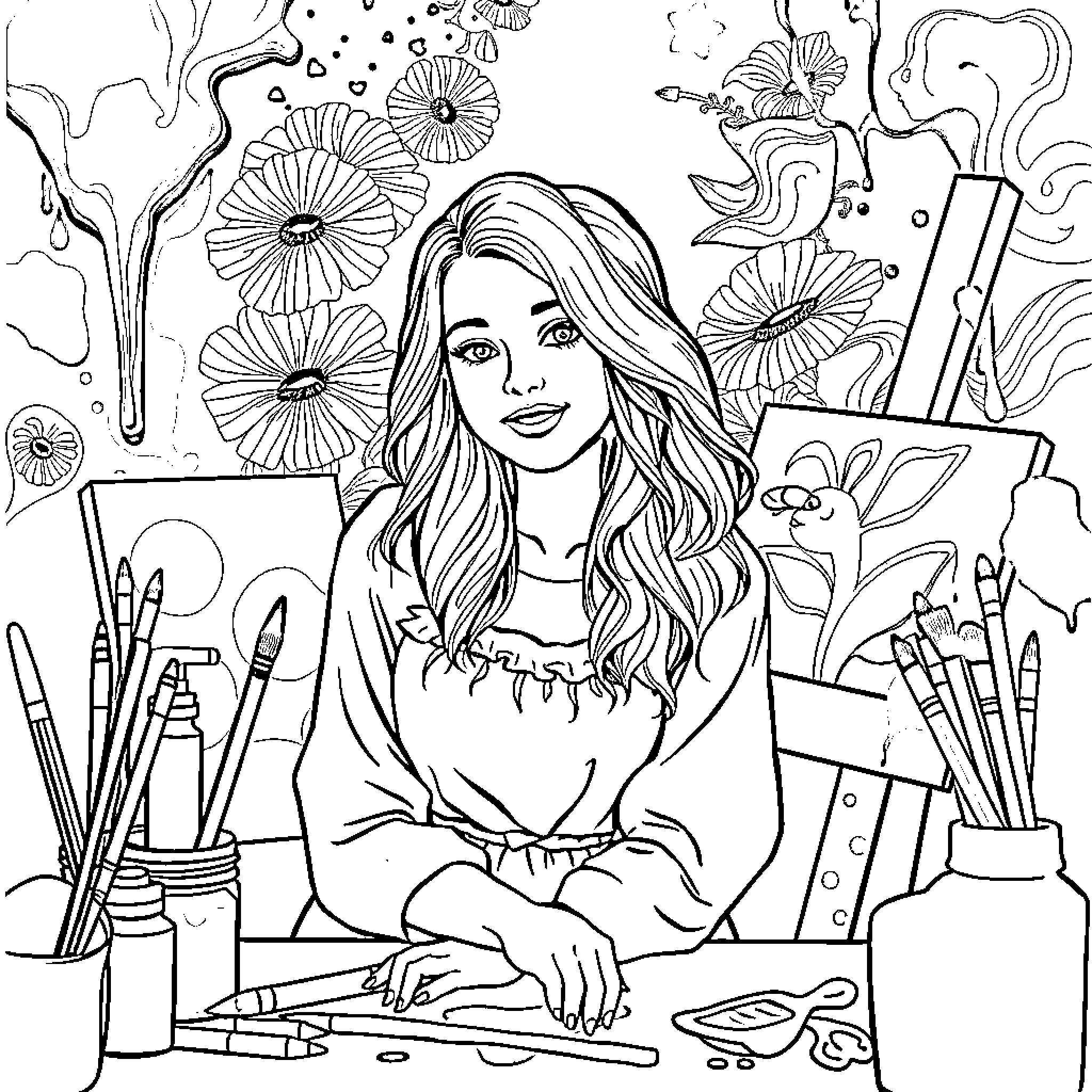 Harper's Artistic Endeavors: A Coloring Page Delight Coloring Page (free black-and-white line drawing printable PDF for all, from beginners to advanced learners, including children, teens, adults, and seniors)