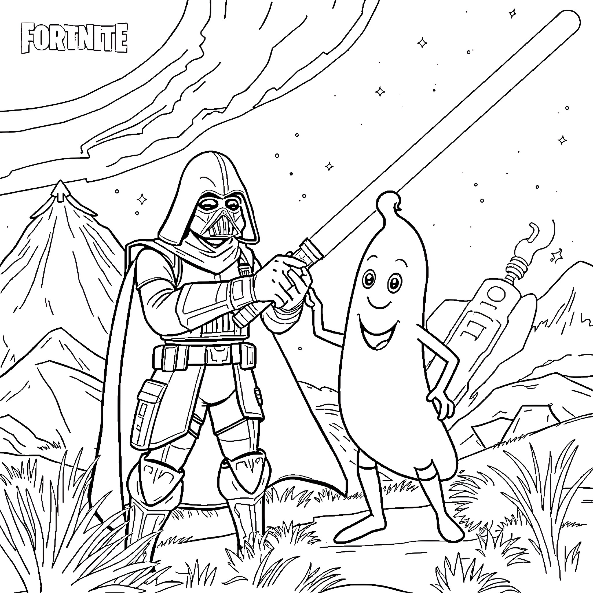 Star Wars characters in Fortnite battle scene Coloring Page (free black-and-white line drawing printable PDF for all, from beginners to advanced learners, including children, teens, adults, and seniors)