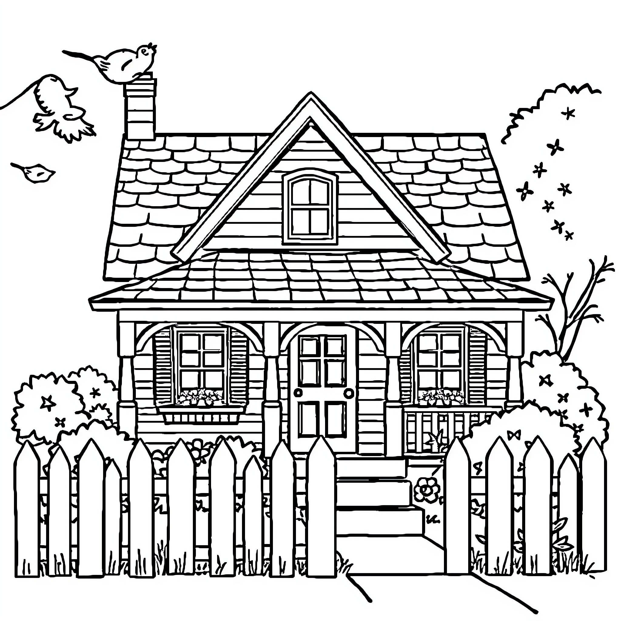 House with whimsical exterior and birds flying Coloring Page (free black-and-white line drawing printable PDF for all, from beginners to advanced learners, including children, teens, adults, and seniors)
