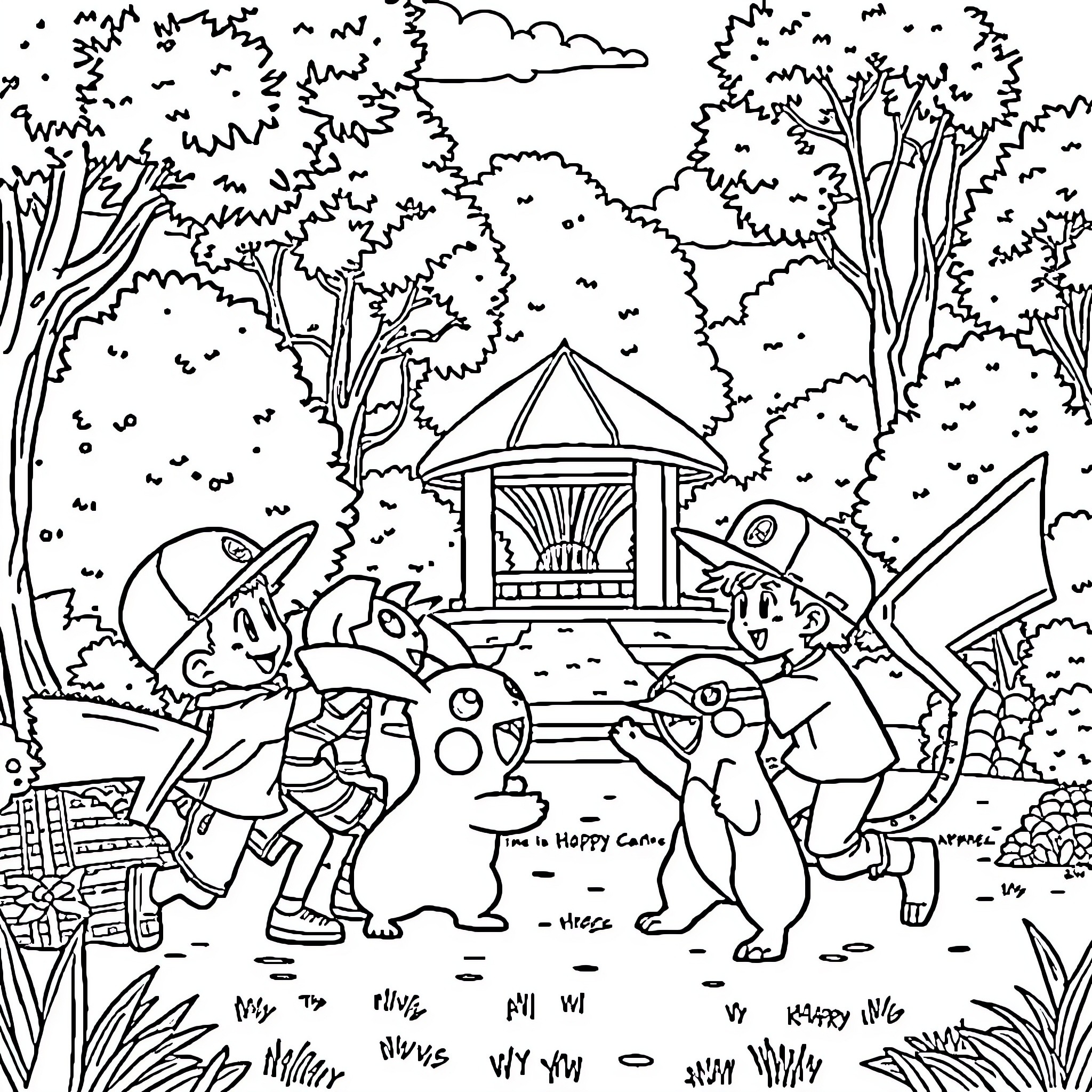 Pokémon enjoying a peaceful gathering in the forest Coloring Page (free black-and-white line drawing printable PDF for all, from beginners to advanced learners, including children, teens, adults, and seniors)