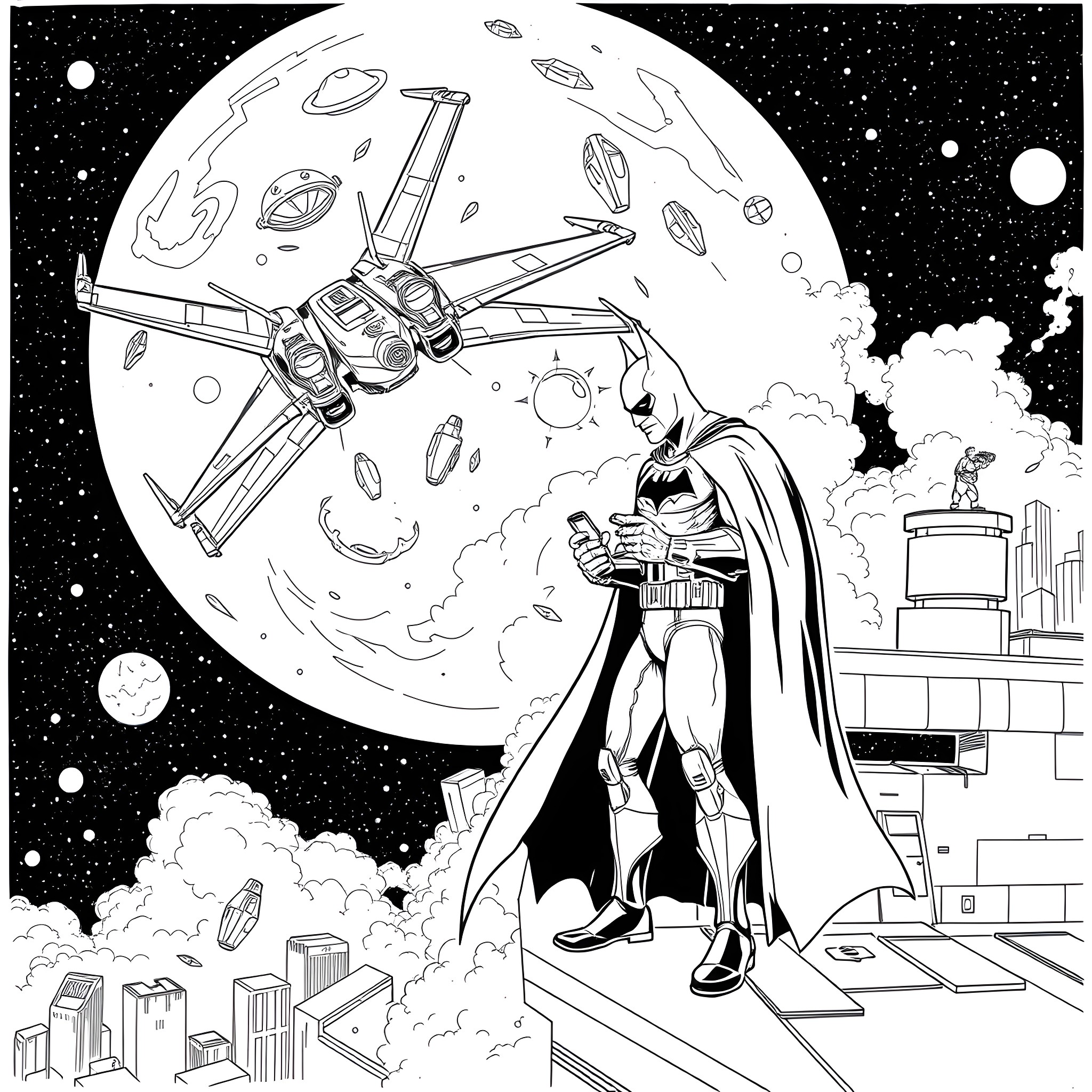 X-Wing Fighter Soaring in Cosmic Cityscape Coloring Page (free black-and-white line drawing printable PDF for all, from beginners to advanced learners, including children, teens, adults, and seniors)