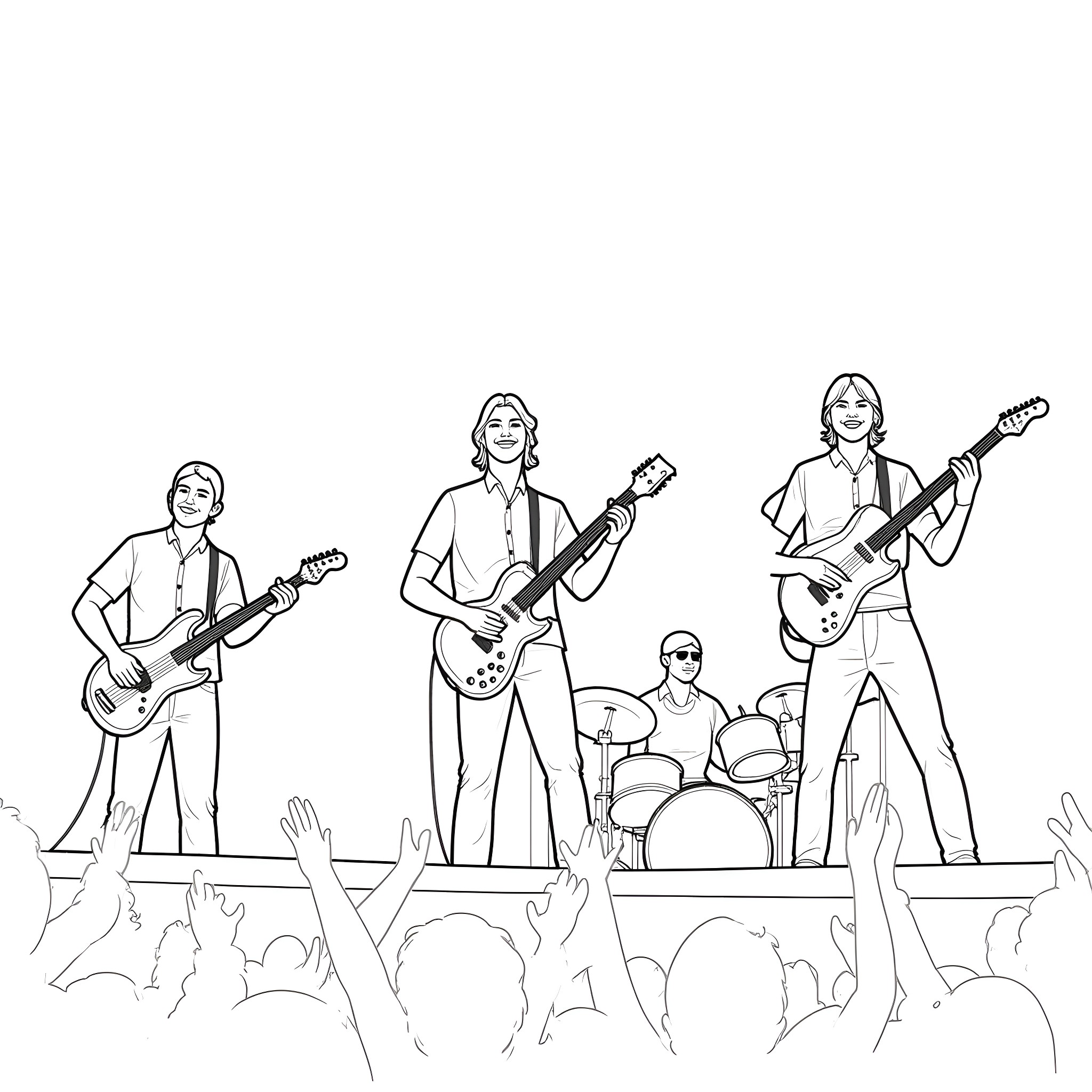 Band performing lively concert on stage Coloring Page (free black-and-white line drawing printable PDF for all, from beginners to advanced learners, including children, teens, adults, and seniors)