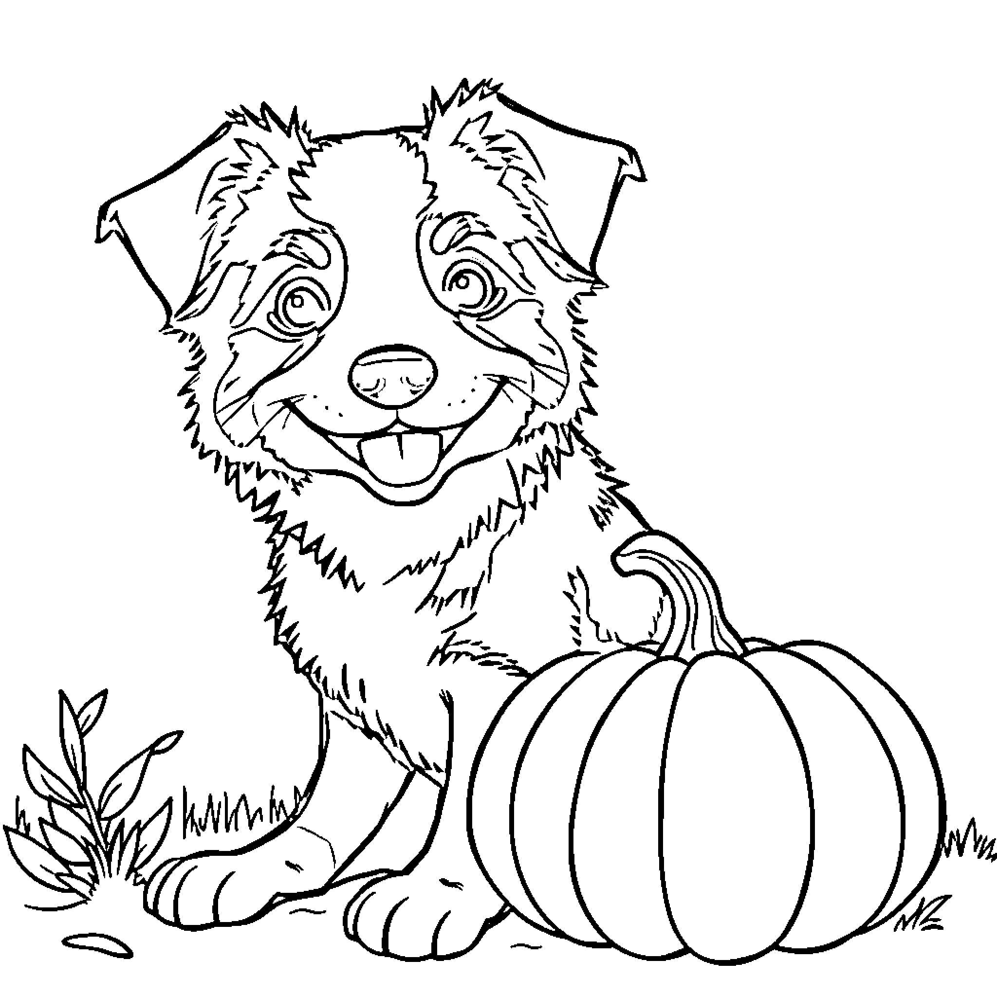 Dog Sitting Next to Pumpkin Coloring Page (free black-and-white line drawing printable PDF for all, from beginners to advanced learners, including children, teens, adults, and seniors)