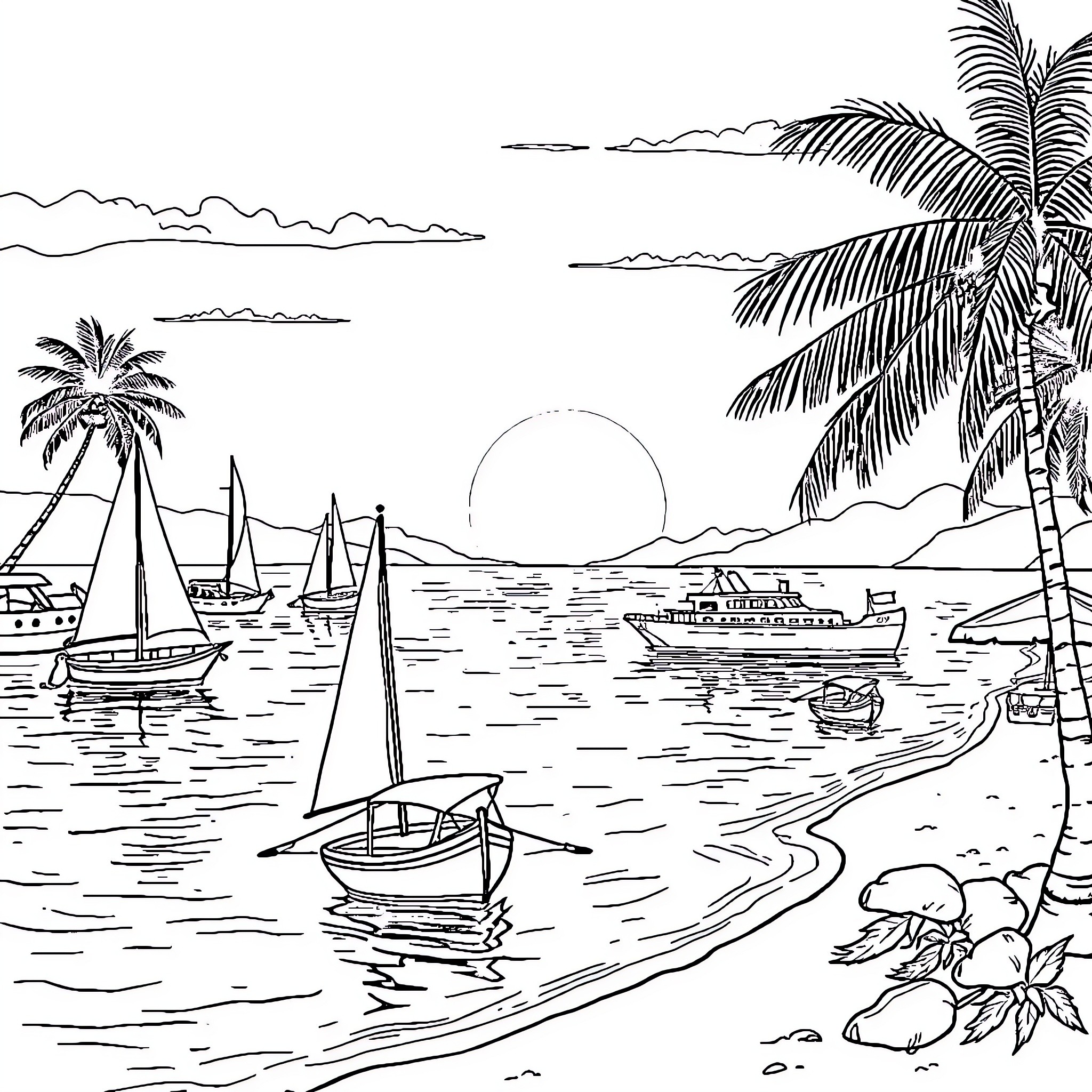 Boat Sailing on Tranquil Tropical Seascape Coloring Page (free black-and-white line drawing printable PDF for all, from beginners to advanced learners, including children, teens, adults, and seniors)