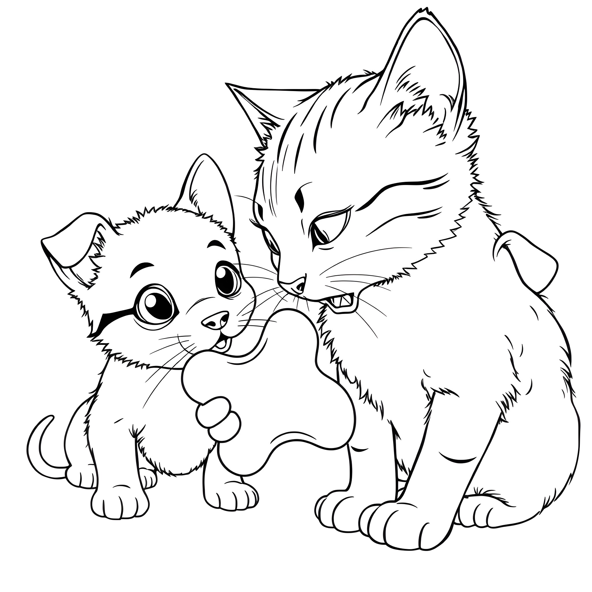 Cat friends playing with a bone Coloring Page (free black-and-white line drawing printable PDF for all, from beginners to advanced learners, including children, teens, adults, and seniors)