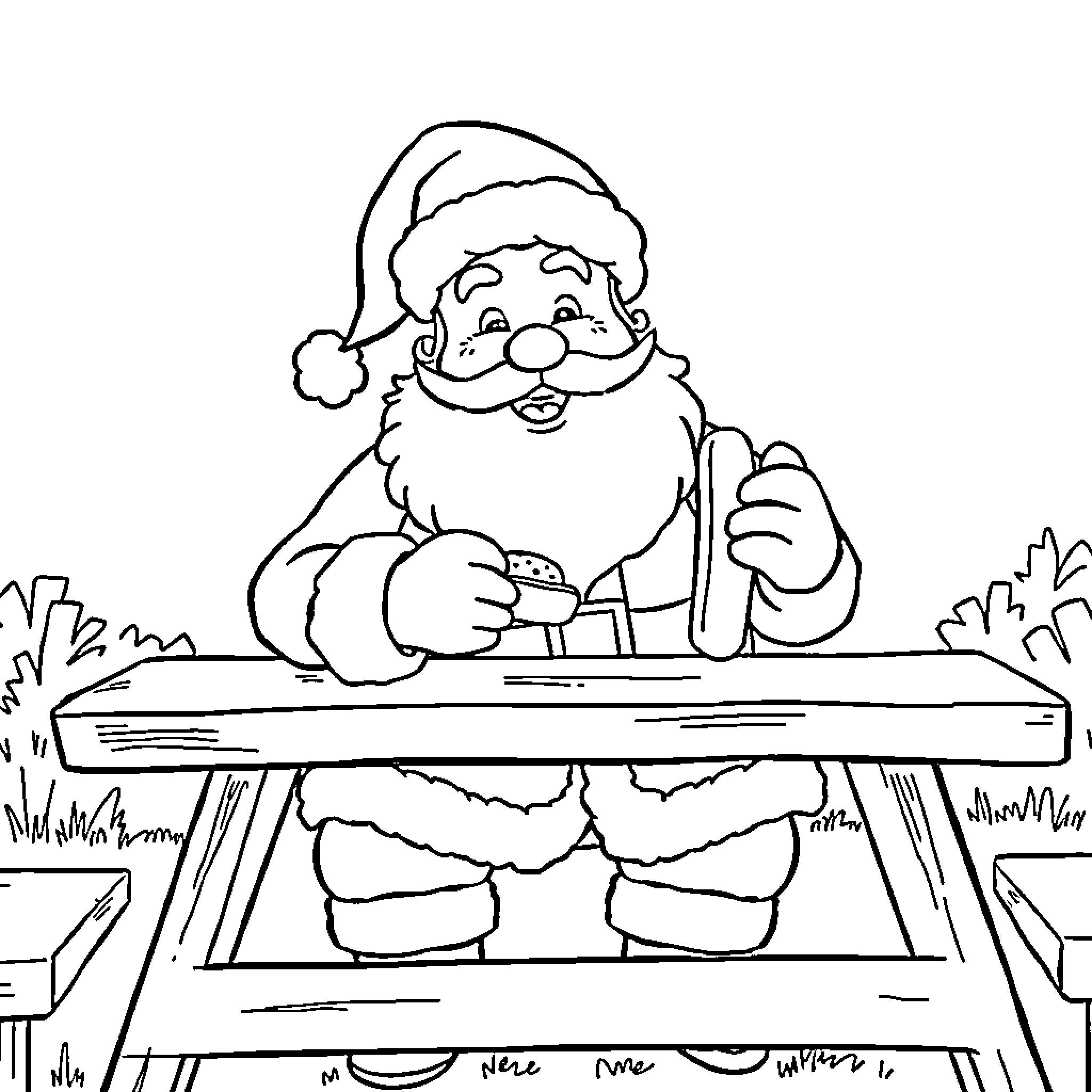 Santa Claus enjoying a snack on his break Coloring Page (free black-and-white line drawing printable PDF for all, from beginners to advanced learners, including children, teens, adults, and seniors)