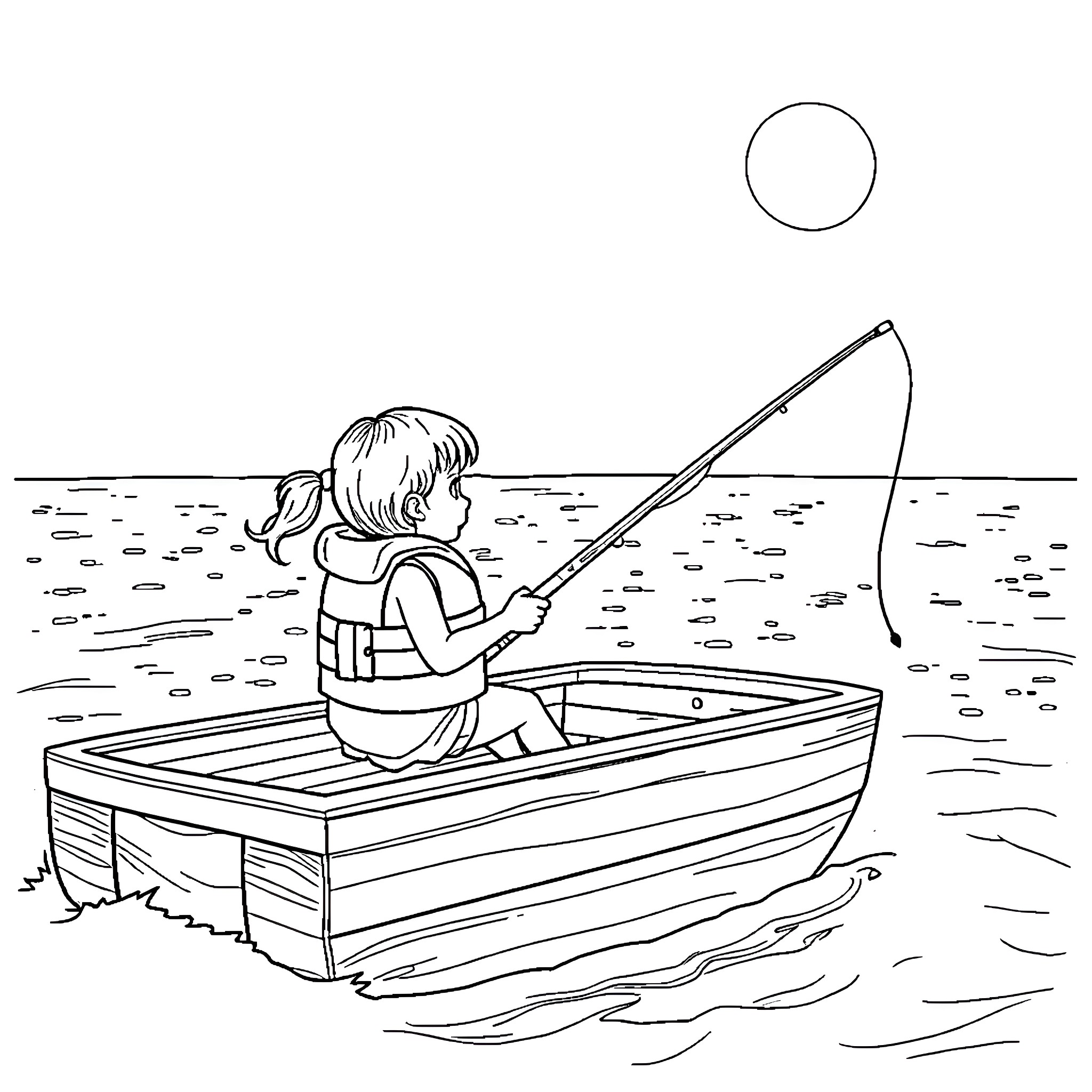 Girl fishing alone in a small boat Coloring Page (free black-and-white line drawing printable PDF for all, from beginners to advanced learners, including children, teens, adults, and seniors)