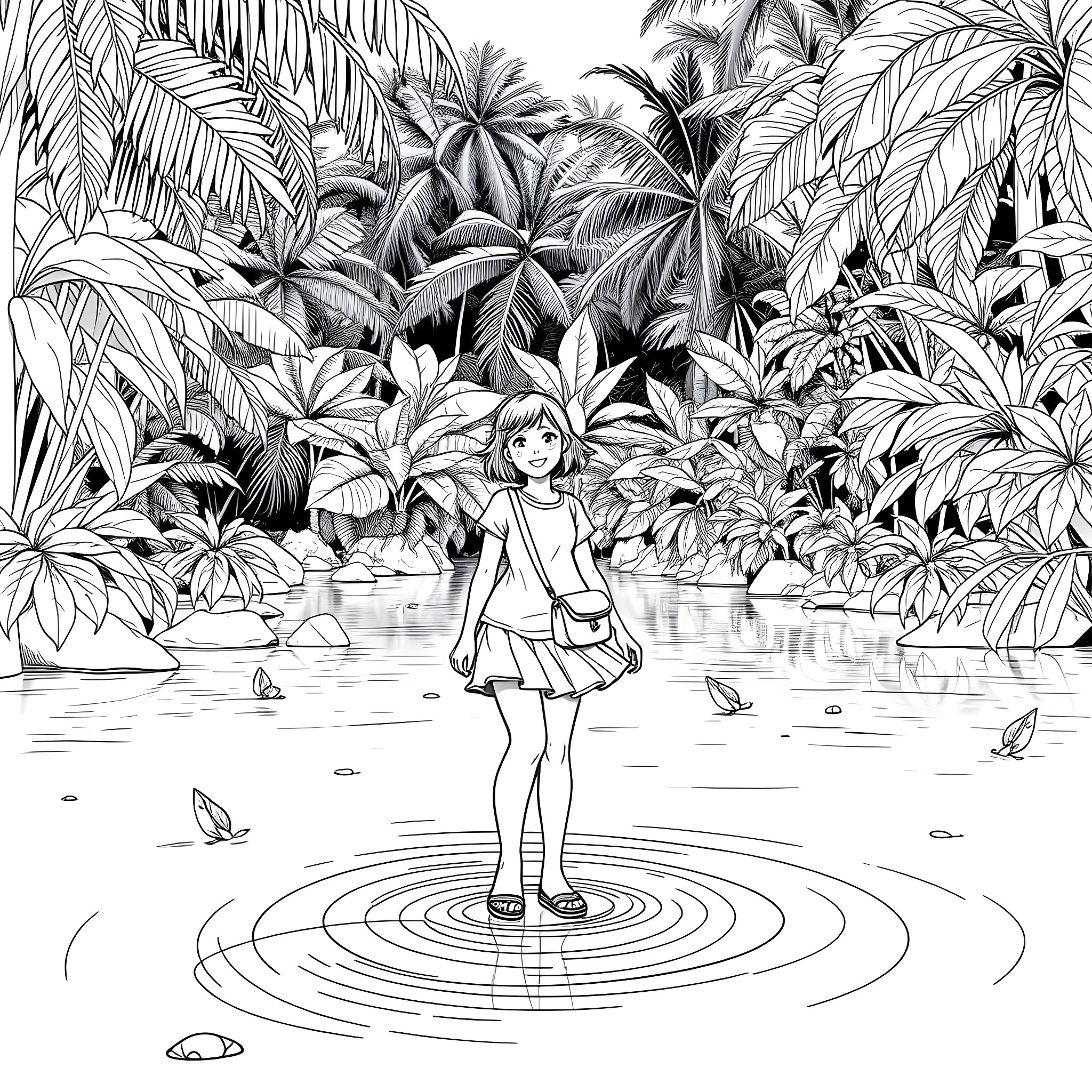 Teen Girl Wading in Tropical Forest Stream Coloring Page (free black-and-white line drawing printable PDF for all, from beginners to advanced learners, including children, teens, adults, and seniors)