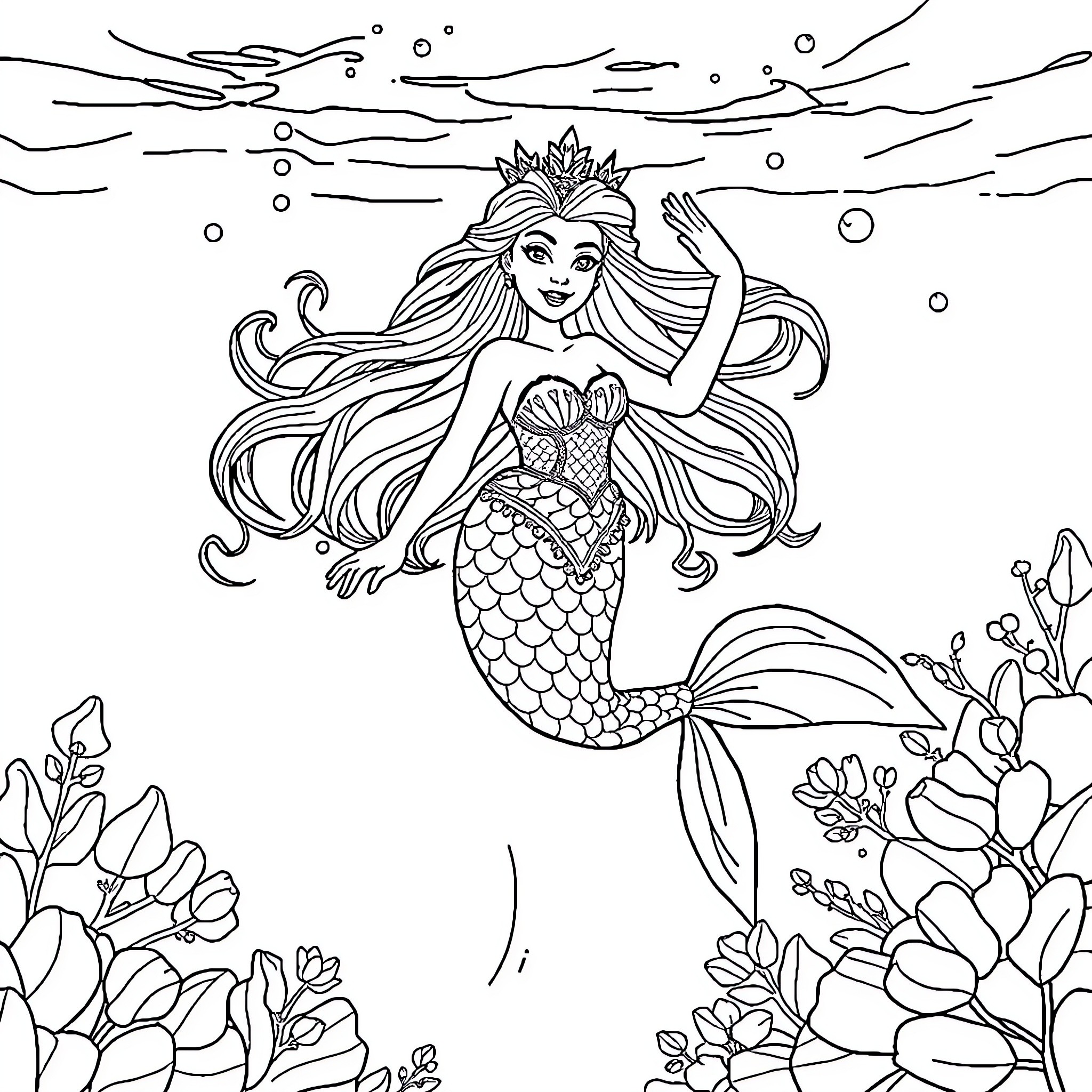 Mermaid swimming elegantly in the underwater garden Coloring Page (free black-and-white line drawing printable PDF for all, from beginners to advanced learners, including children, teens, adults, and seniors)