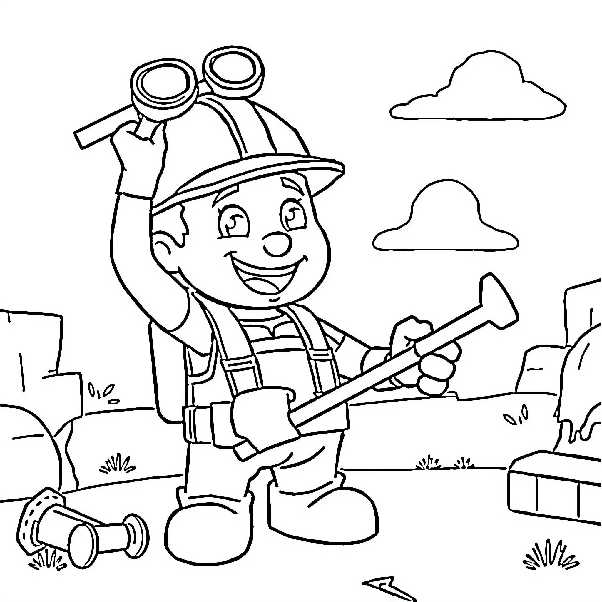 Bob the Builder repairing tools in the countryside Coloring Page (free black-and-white line drawing printable PDF for all, from beginners to advanced learners, including children, teens, adults, and seniors)