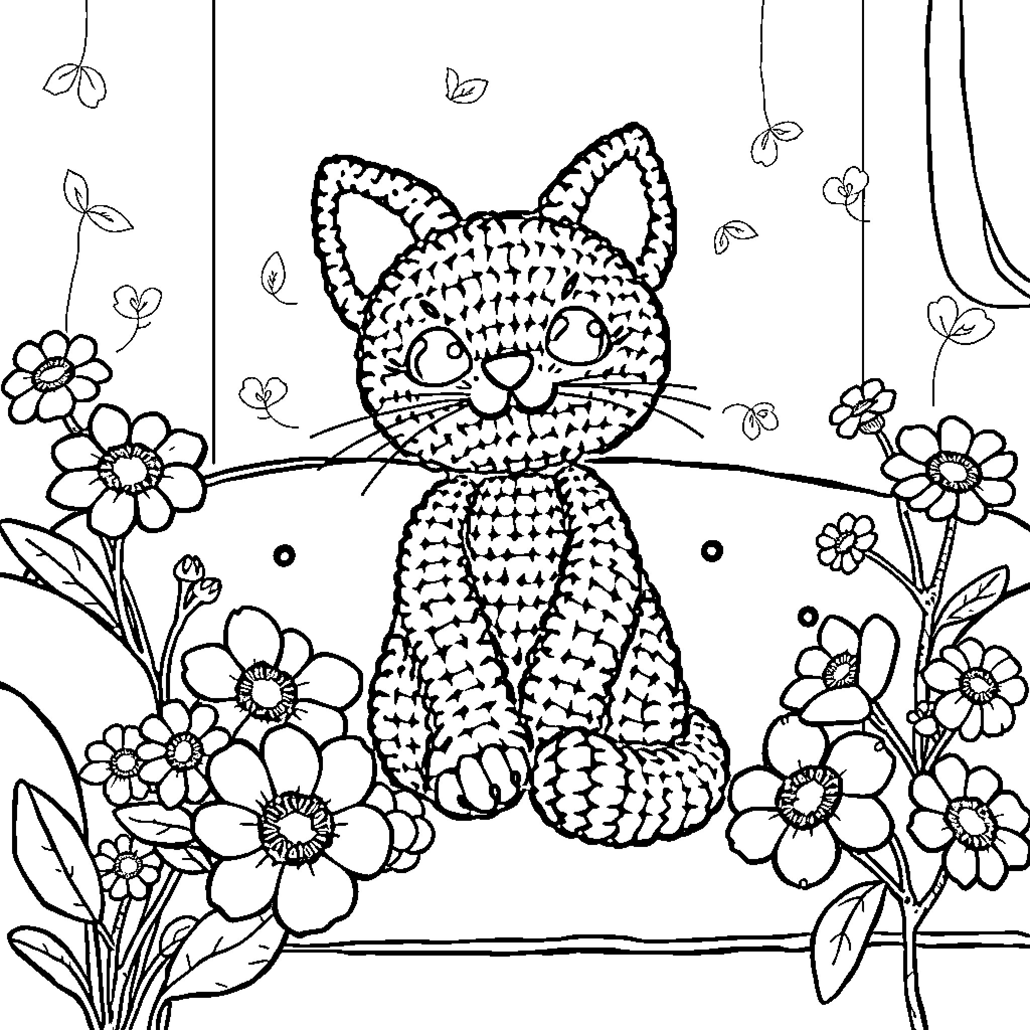 Cat surrounded by colorful flowers Coloring Page (free black-and-white line drawing printable PDF for all, from beginners to advanced learners, including children, teens, adults, and seniors)