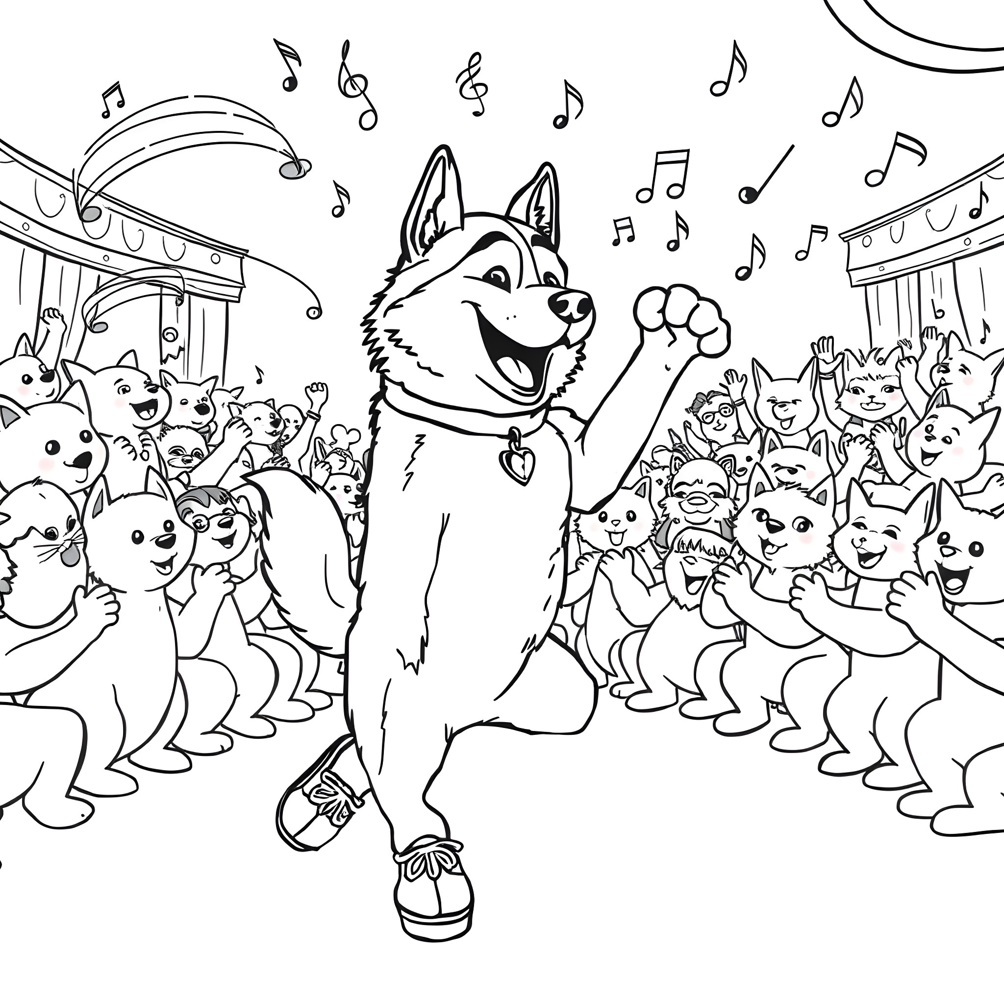 Husky leading a musical performance with animal friends Coloring Page (free black-and-white line drawing printable PDF for all, from beginners to advanced learners, including children, teens, adults, and seniors)