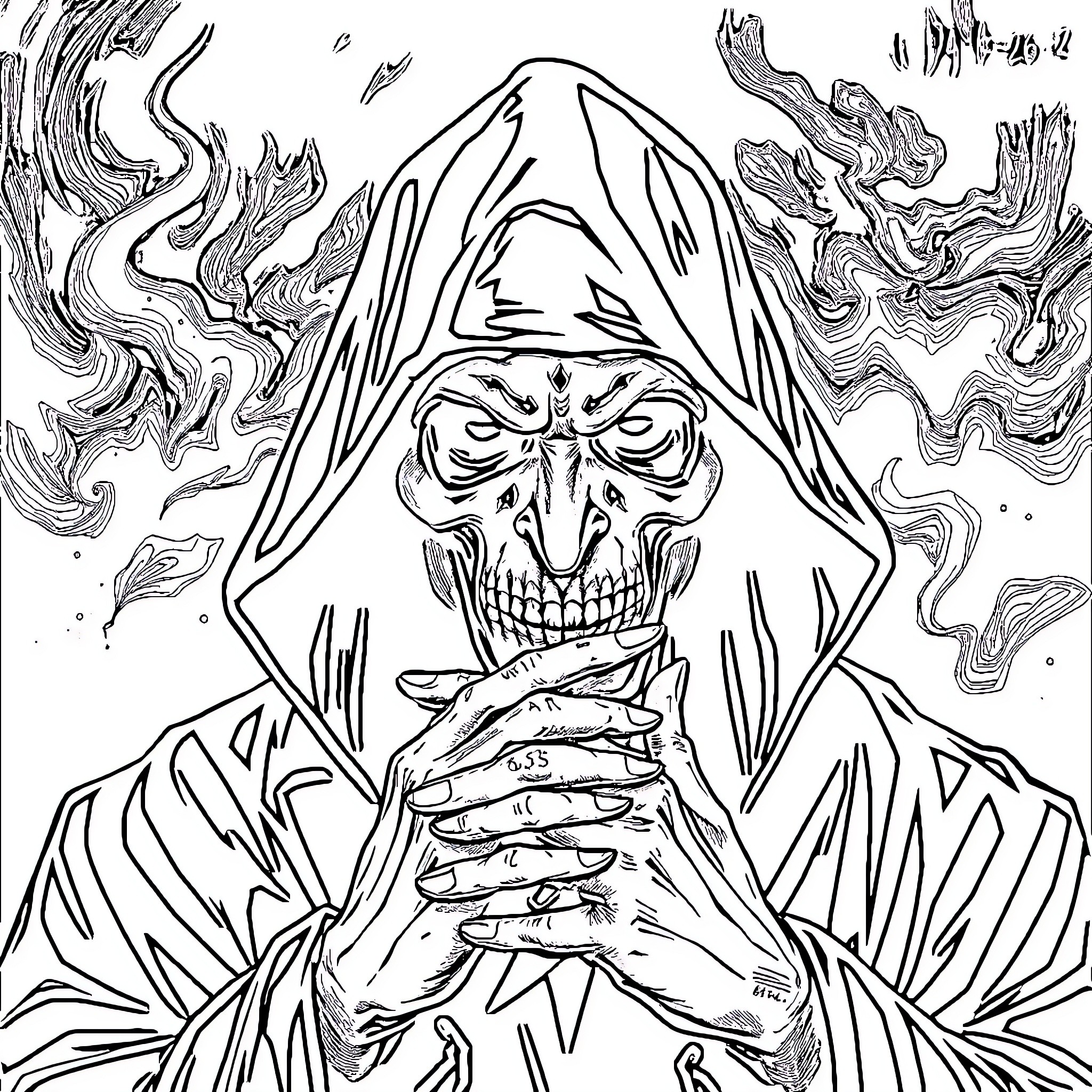 Undertaker's Ominous Presence in the Dark Realm Coloring Page (free black-and-white line drawing printable PDF for all, from beginners to advanced learners, including children, teens, adults, and seniors)
